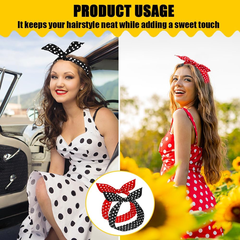 TRKETK Pack of 4 Hair Accessories with Polka Dots, Polka Dot Headbands Headbands with Adjustable Wire, Vintage Hair Band in Classic Red and Black, Hair Accessories for Girls and Women image number 5