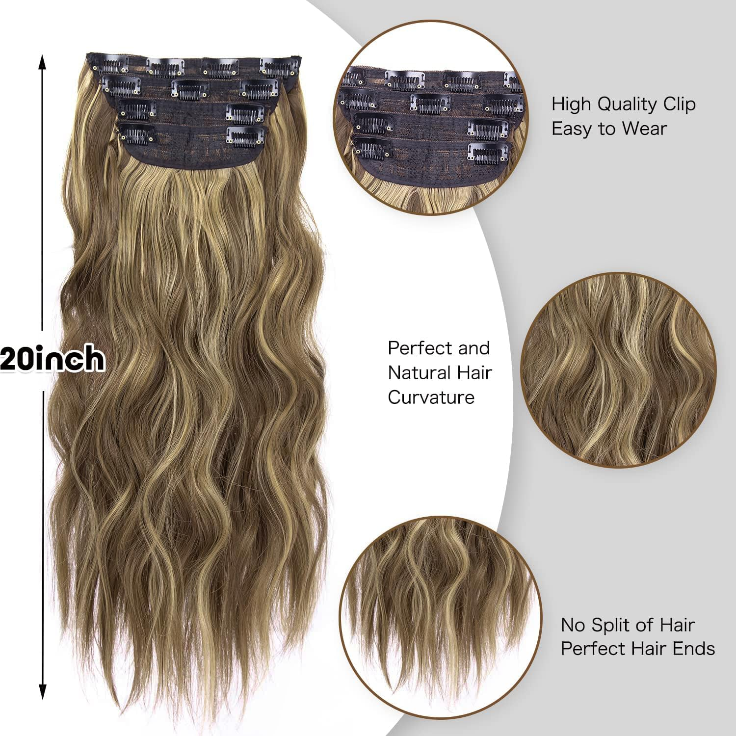Creamily Brown Clip in Hair Extensions, 4Pcs Clip in Hair Extensions, 24 Inches Synthetic Curly in Hair Extension (Color: Honey Blonde Mixed Light Brown) image number 6