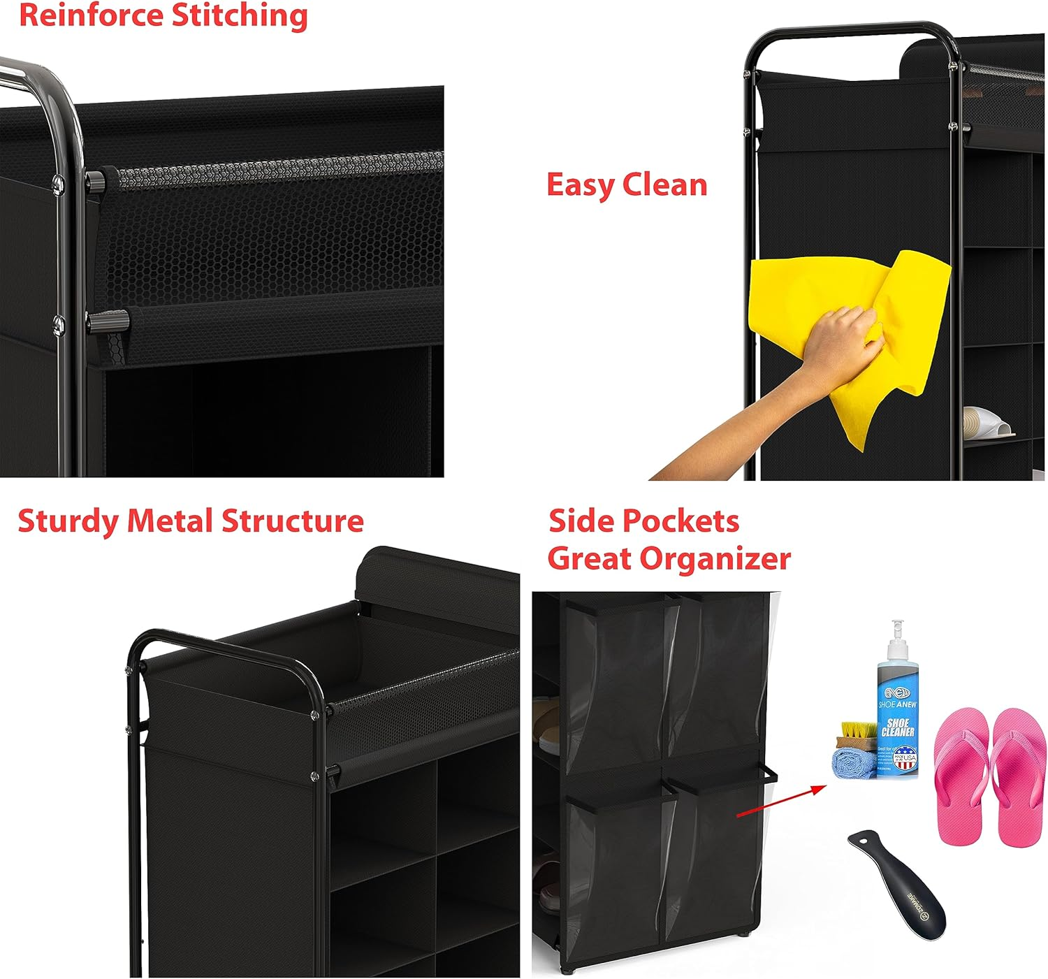 Simple Houseware 8 Tier Shoe Rack, 16 Cube with Top Shelf and Side Hanging Bag, Black image number 3
