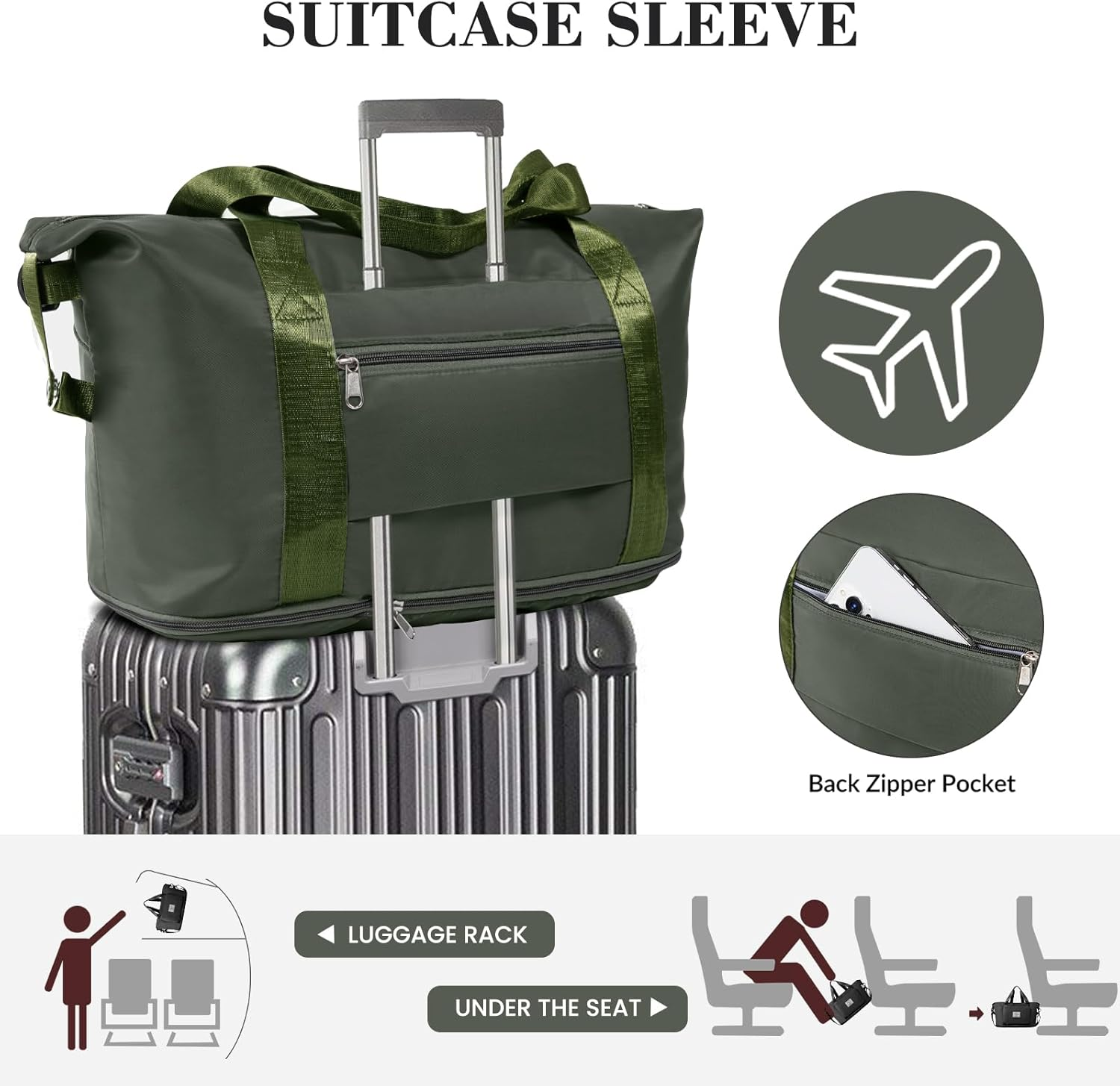 Duffel Bag - Large Shoulder Weekender Overnight Bag, Carry on Bag with Wet Pocket, Waterproof Expandable Duffel Bag with Trolley Sleeve, Olive Green image number 1