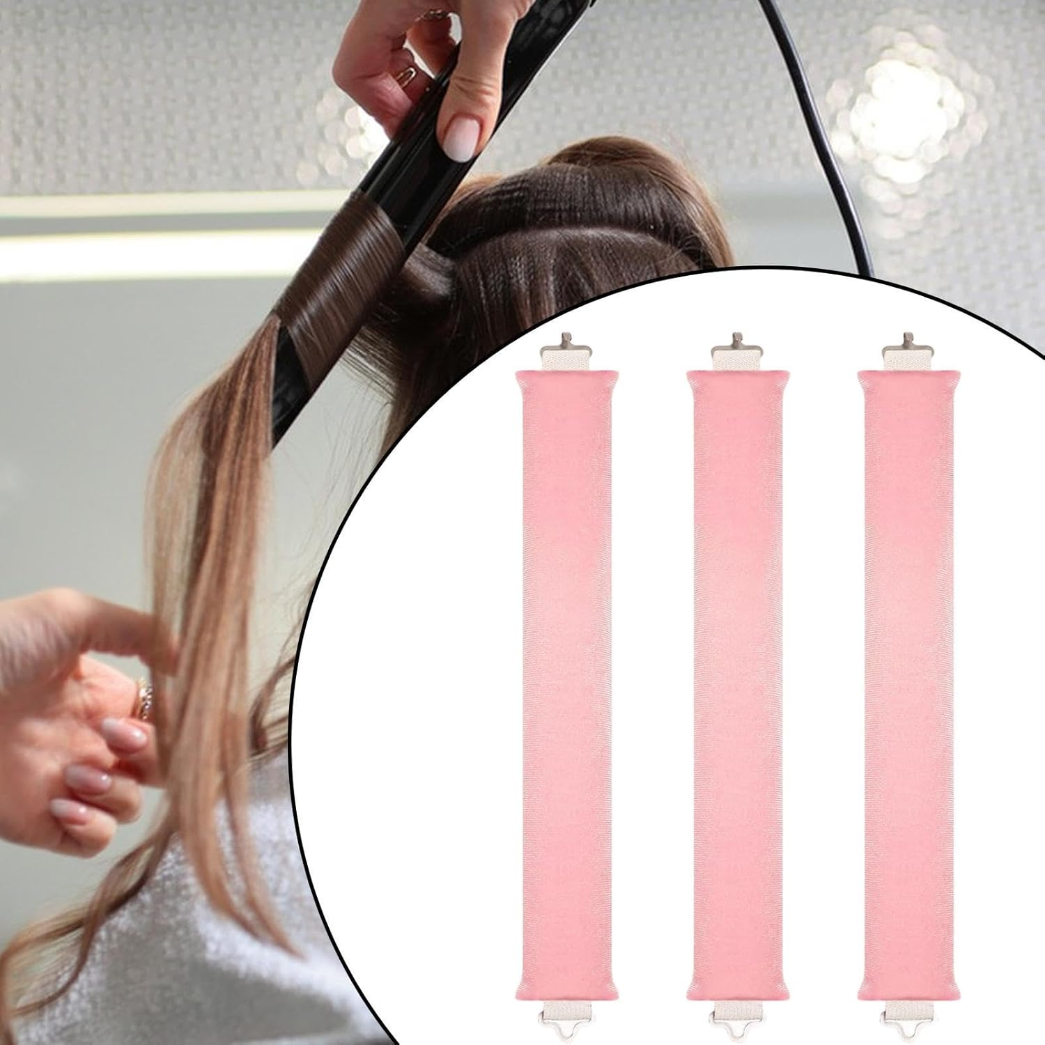 "Abbraccia" 3 Pieces Overnight Blowout Rods Heatless Curling Rods Curling Headband Soft Lazy Practical Overnight Wavy Curlers, Pink - Black image number 3