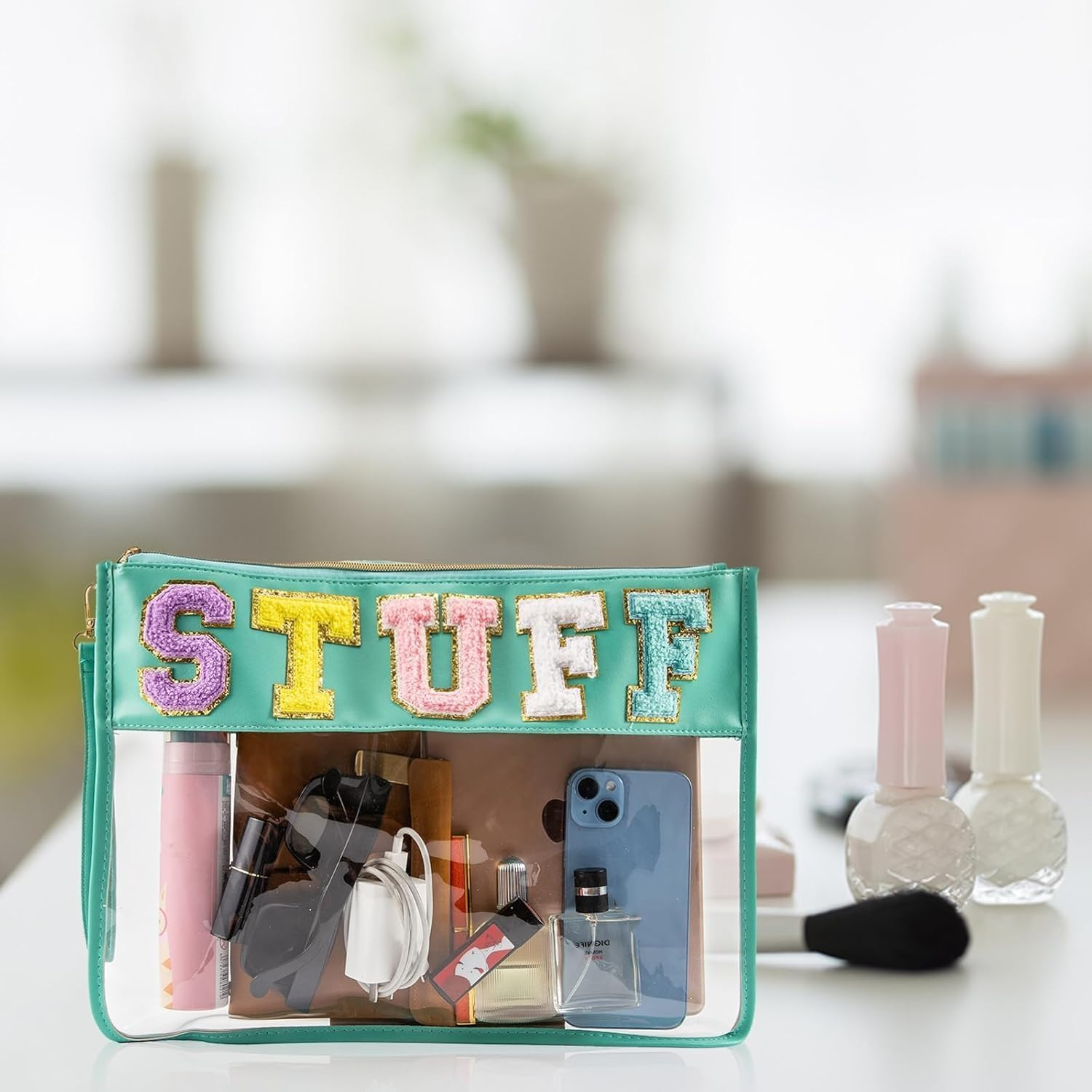 Clear Snack Bags,Chenille Letter Monogram Stadium Tote Purse Bag,Travel Patch Pouch Toiletry Makeup Cosmetic (Green, 32 * 22Cm)