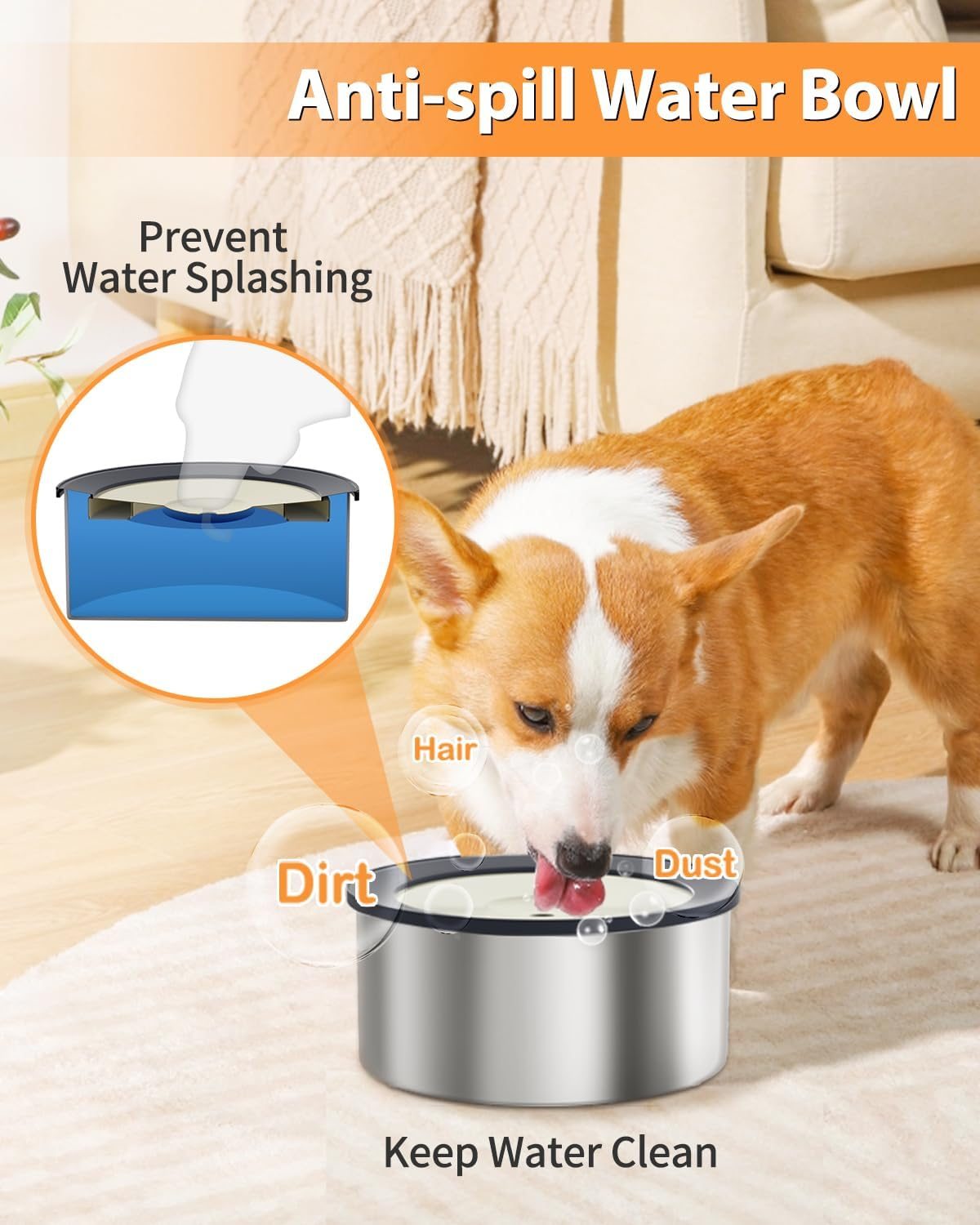 No Spill Water Bowl and Food Bowl Set for Dogs, 2L Large Slow Drinking Spilling Proof Water Dispenser & 1.5L Stainless Steel Dish Pet Feeder image number 4