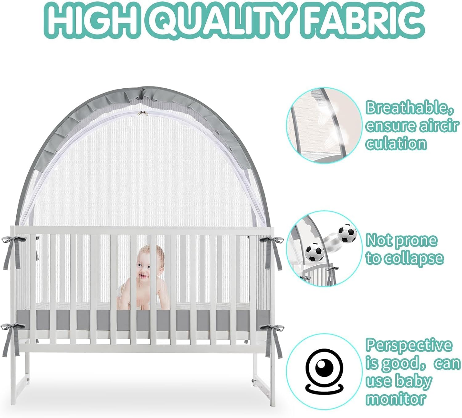 Dsocool Crib Tent - Keep Baby In, Stop Climbing Out, Pop up with Durable Breathable Net, Double Zipper, Strong Rods, Easy Installation (Grey) - Grey image number 3