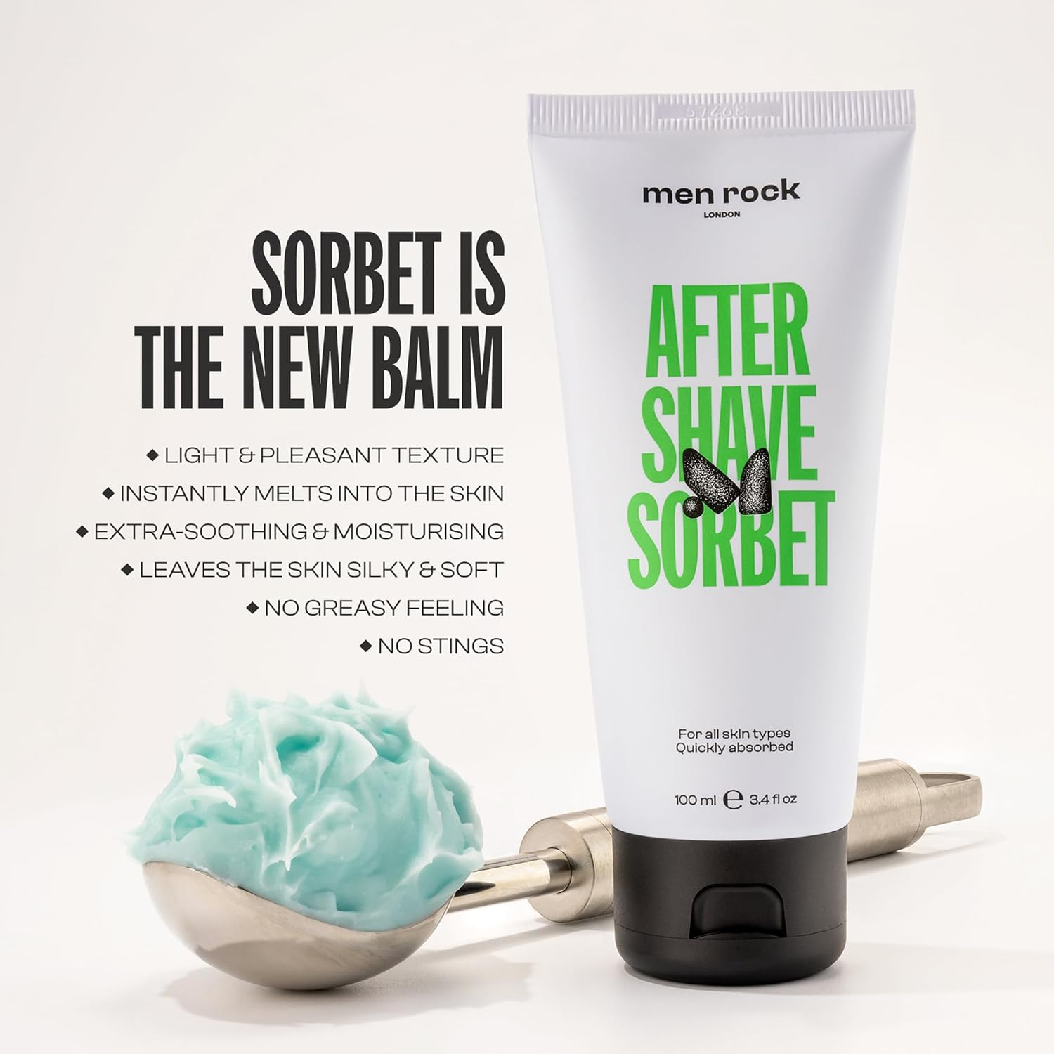 Men Rock after Shave Sorbet, Mens Aftershave Balm, Light Sorbet-Like Fast-Absorbing, Hydrating anti Redness Balm Relieves Sensitivity after Shaving, Fresh Scent 100Ml