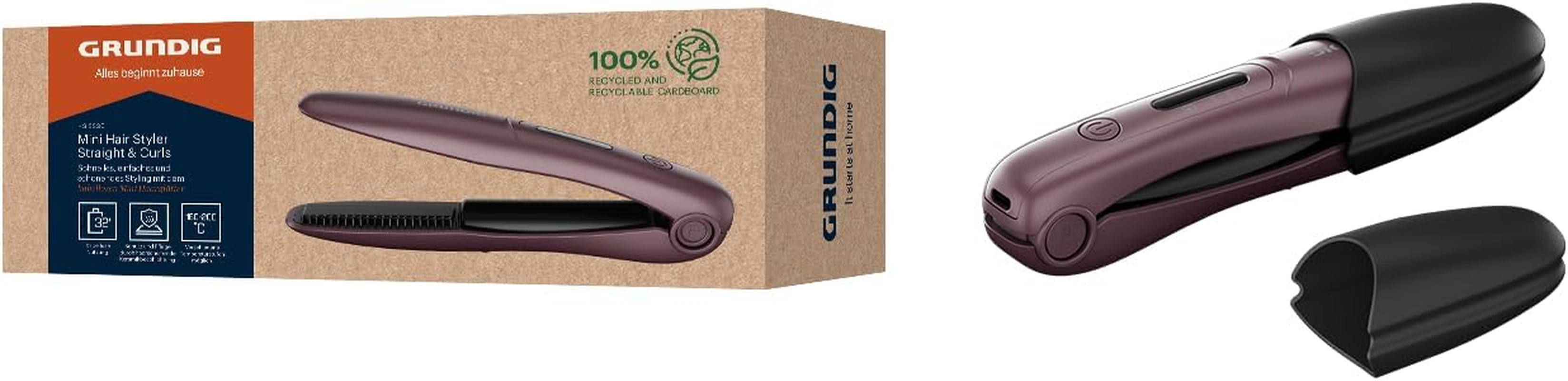 Grundig HS 6330 Mini Hair Straightener, Travel Straightener, 3 Temperature Levels (160/180/200&deg;C), Small Plates, Ceramic Coating, LE Display, up to 32 Minutes Operating Time, Safety Shut-Off, Purple image number 2