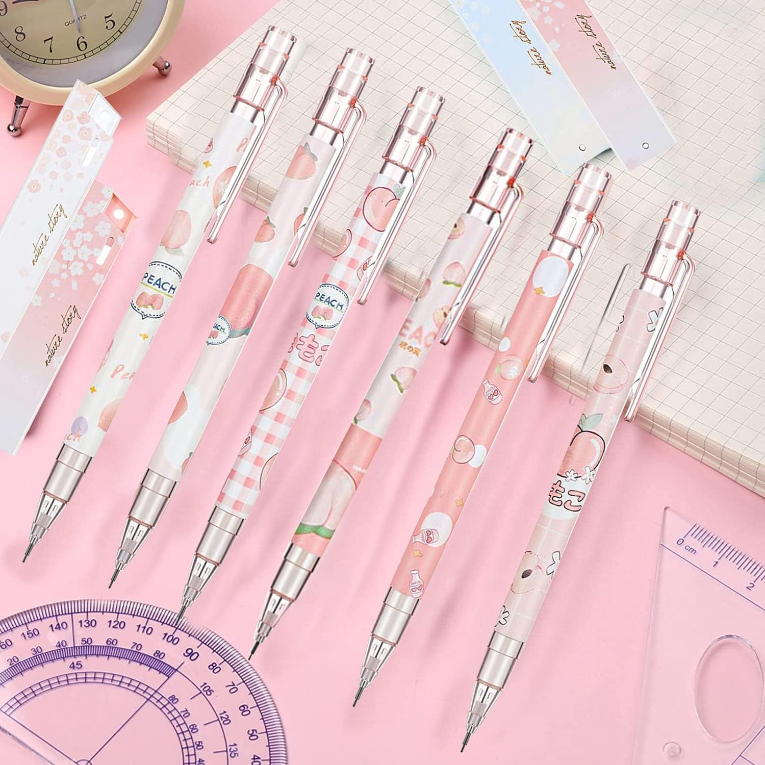 Kawaii Mechanical Pencil Set Include Peach Mechanical Pencils with Tubes 0.5 Mm Pencil Refills and Cute Juice Peach Erasers for Writing, Drawing, Sketching, Architecture (15 Pieces) image number 3