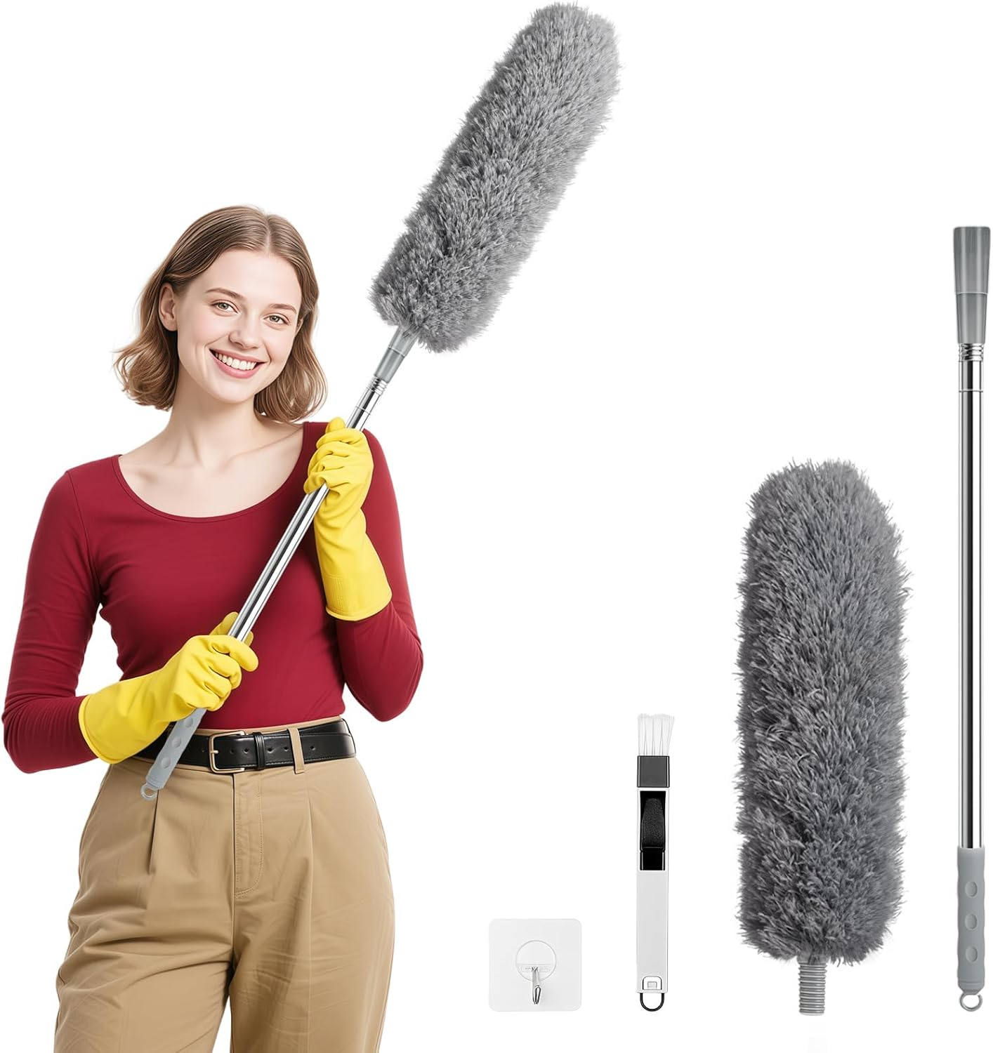 Zikenis Washable Telescopic Duster, Microfibre with Stainless Steel Telescopic Rod, Long Extendable up to 2.45 M, for Ceiling Cobwebs Cleaning, Grey image number 4