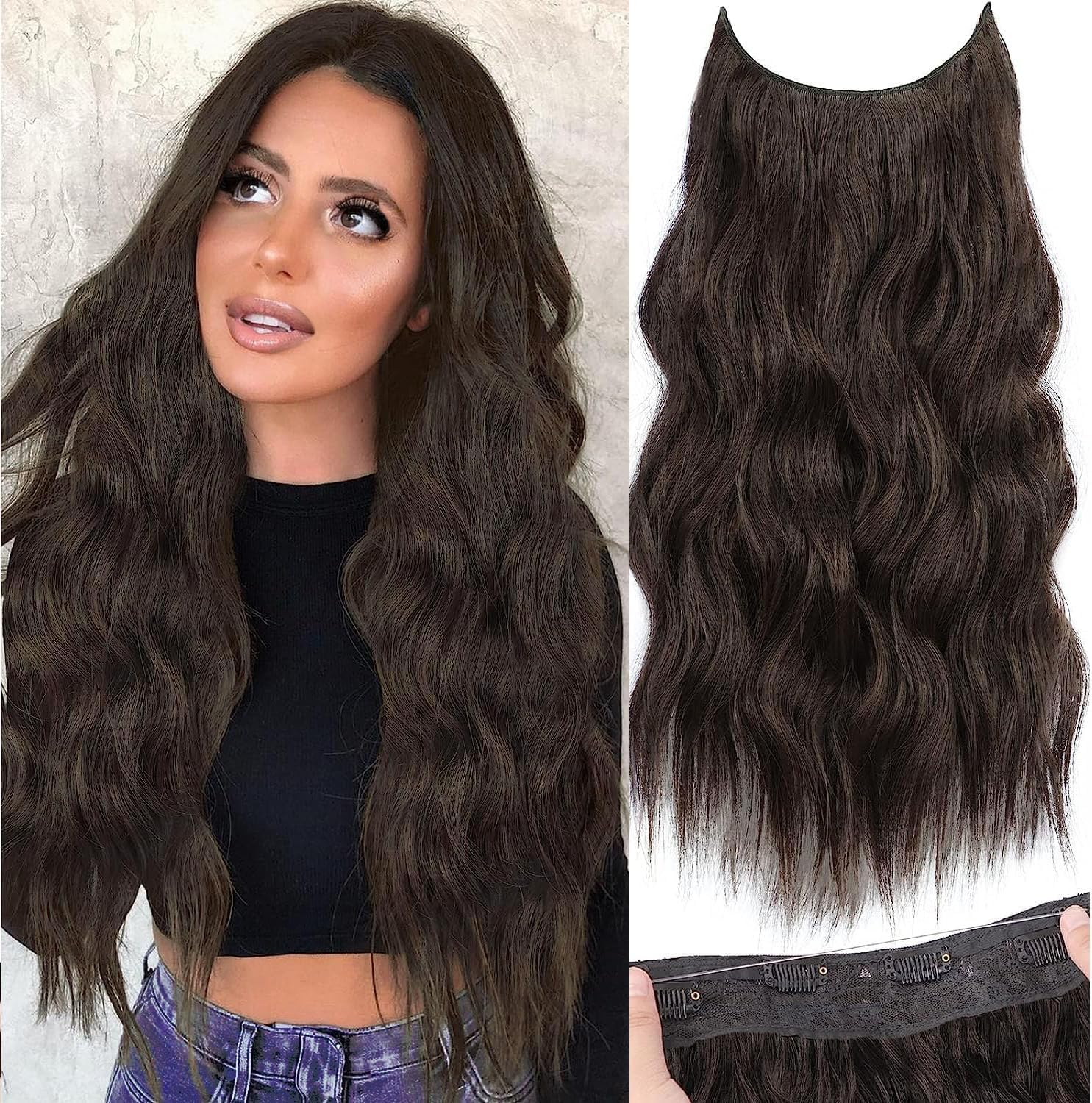 Long Wavy Hairpiece,20 Inch Dark Brown,Invisible Wire Hair Extensions with Transparent Wire Adjustable Size with 4 Secure Clips,Headband Hairpieces for Women,Girls image number 1