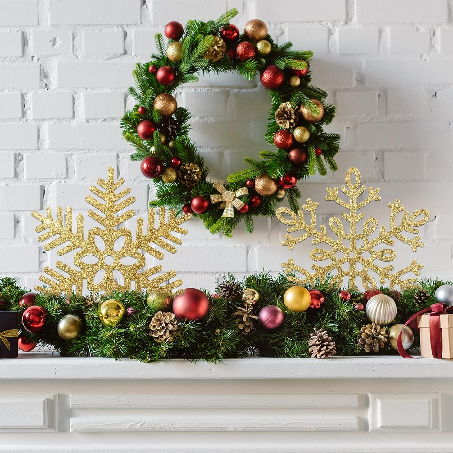 Sratte 12 Pack Large Glitter Snowflakes Ornaments 12" Plastic Giant Winter Christmas Hanging Decor Oversized Snowflakes Ornaments for Indoor Outdoor (Gold) - Gold image number 3