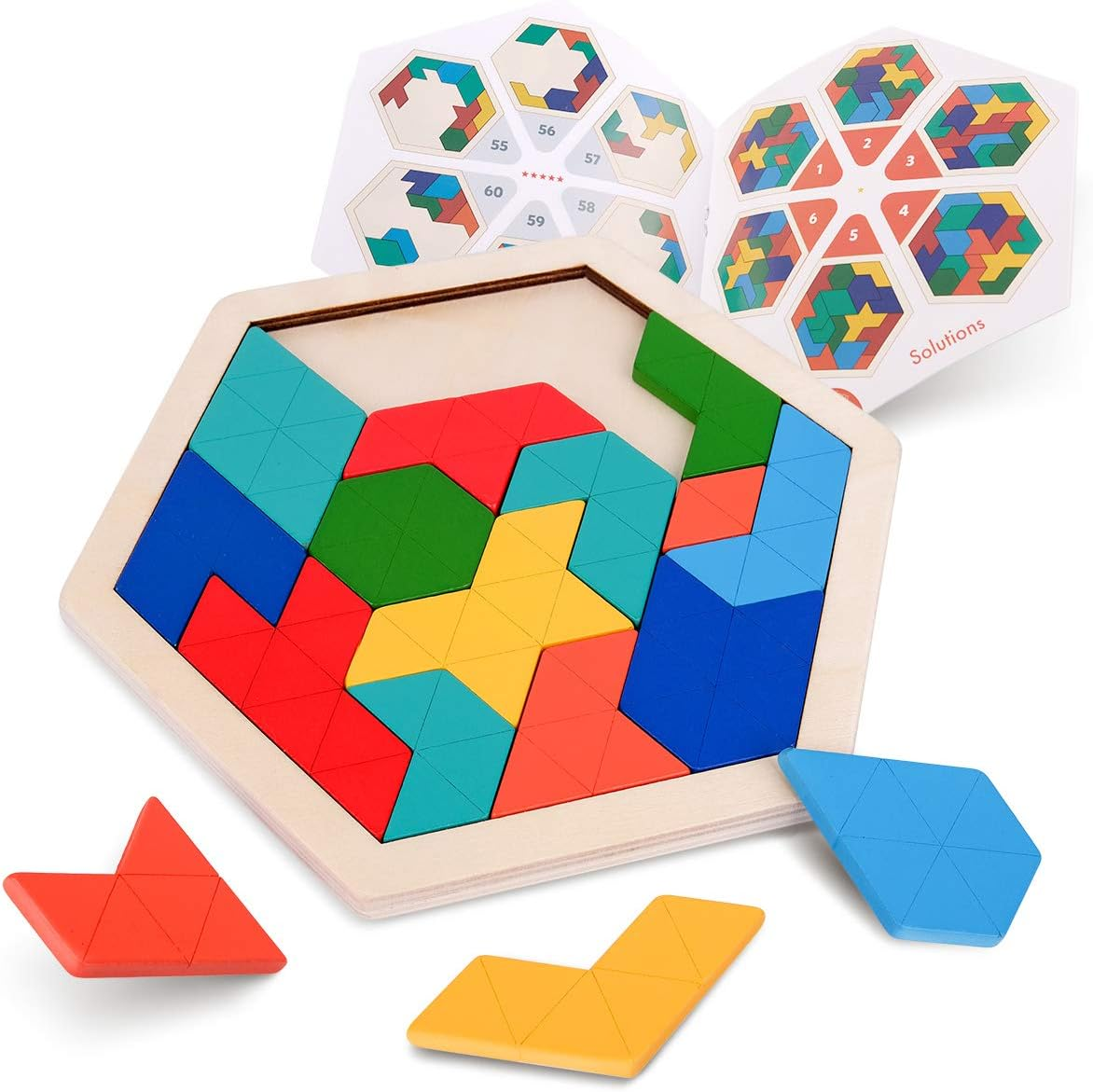 Vanmor Wooden Hexagon Tangram Puzzle for Kids Adults Geometric Shape Pattern Blocks Brain Teaser Puzzles with 60 Solution, Logic Mind Puzzles Travel Game for All Ages New Year Gifts image number 2
