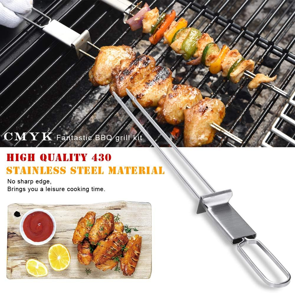 Skewers for Grilling - 13" Kabob Skewers with Push Bar Double Pronged Anti-Roll Metal Skewers for Kabobs, Stainless Steel Reusable BBQ Skewers for Grilling,Ideal for Meat Shrimp Vegetable 6Pcs image number 1