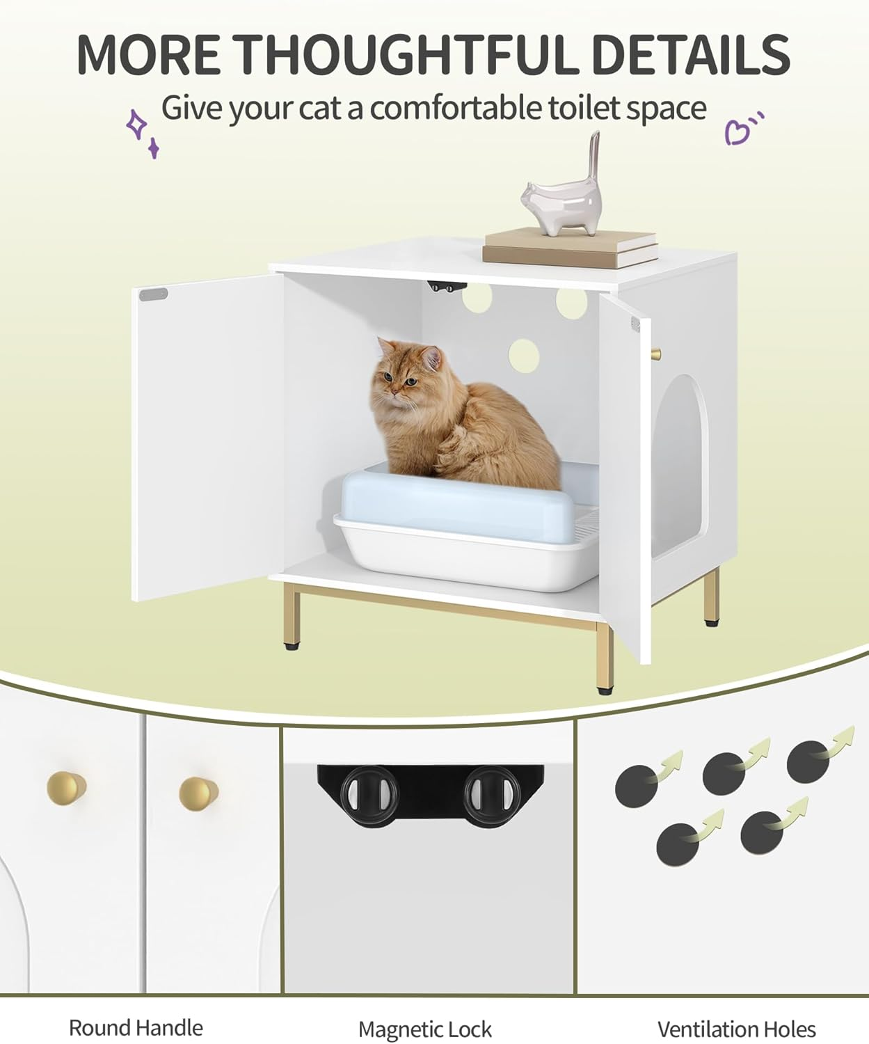 Hzuaneri Cat Litter Box Enclosure, Hidden Litter Box Furniture, Wooden Pet House Side End Table, Storage Cabinet Bench, Fit Most Cat and Litter Box, Living Room, Bedroom, White and Gold CB81203G