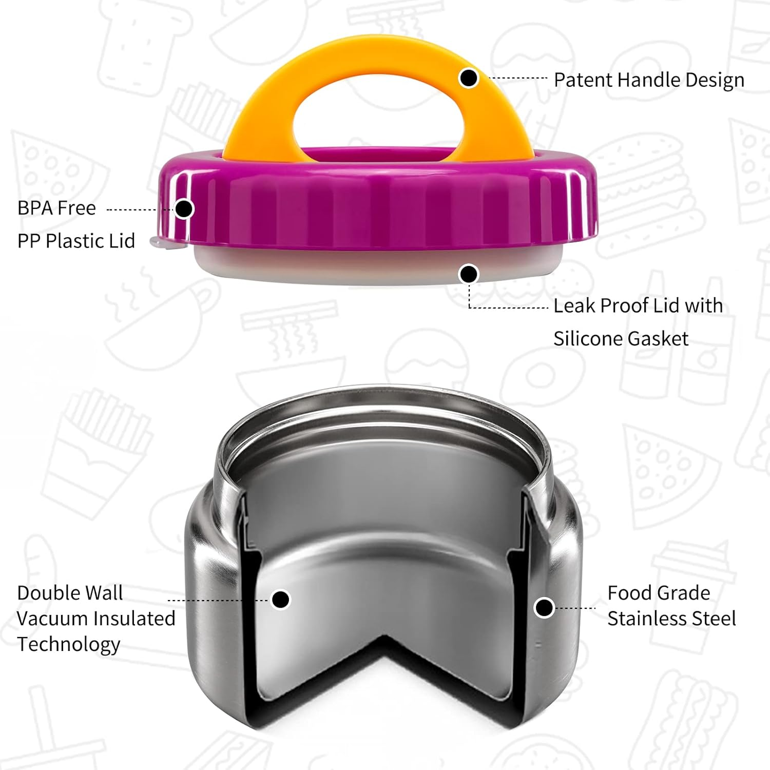 MAISON HUIS 8Oz Soup Thermo Wide Mouth Vacuum Insulated Thermo Food Jar, Leak Proof Stainless Steel Food Thermo for Hot&Cold Food Kids Food Lunch Soup Container for School Travel(Purple) - -Pink04 image number 5