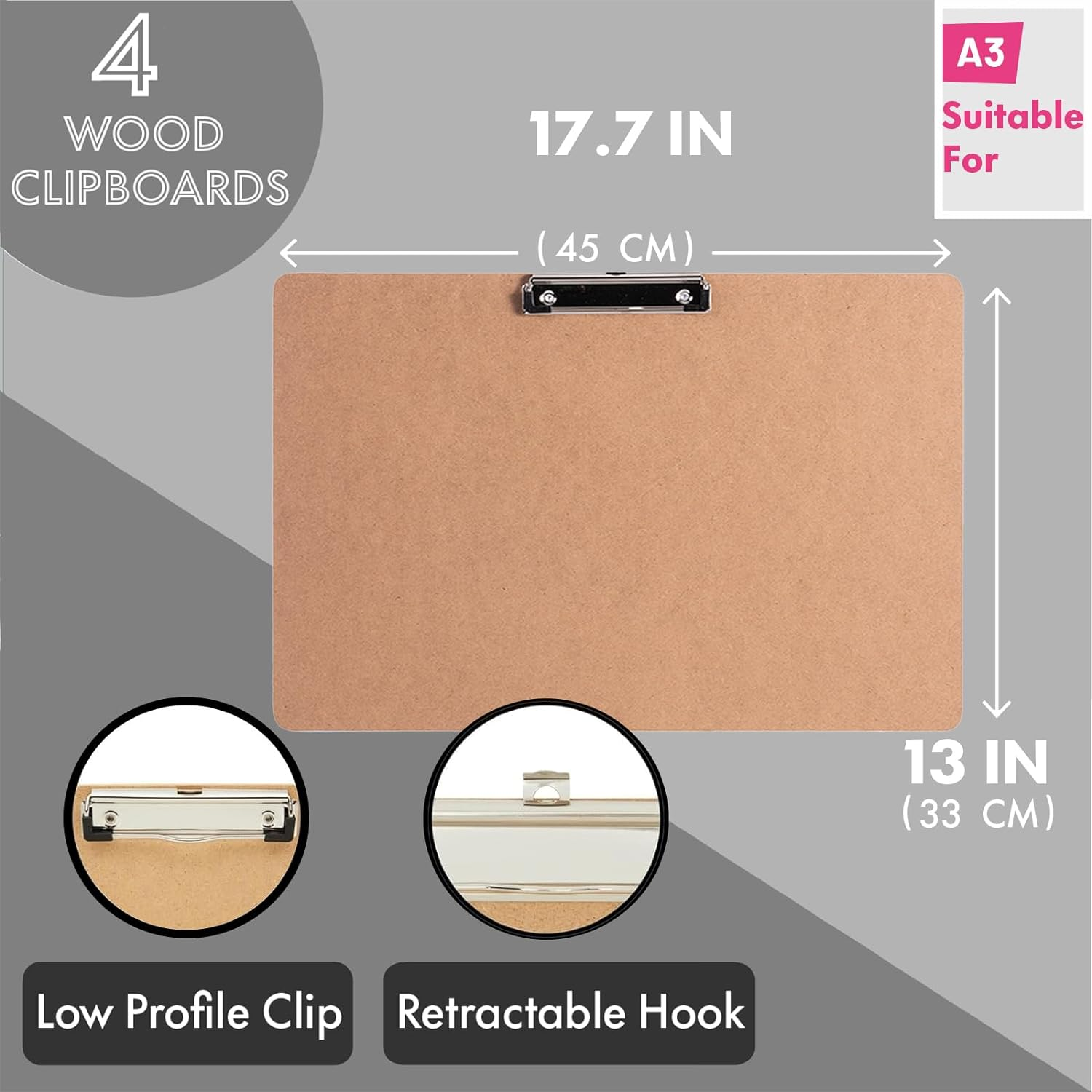 A3(17.5 X 11.5 In, 4 Pack) Basics Hardboard Horizontal Clipboard for Classroom and Office Drawing, Sketching, Drafting, Office for Classroom Studio or Field Environmental Grade Engineering Drawings image number 2