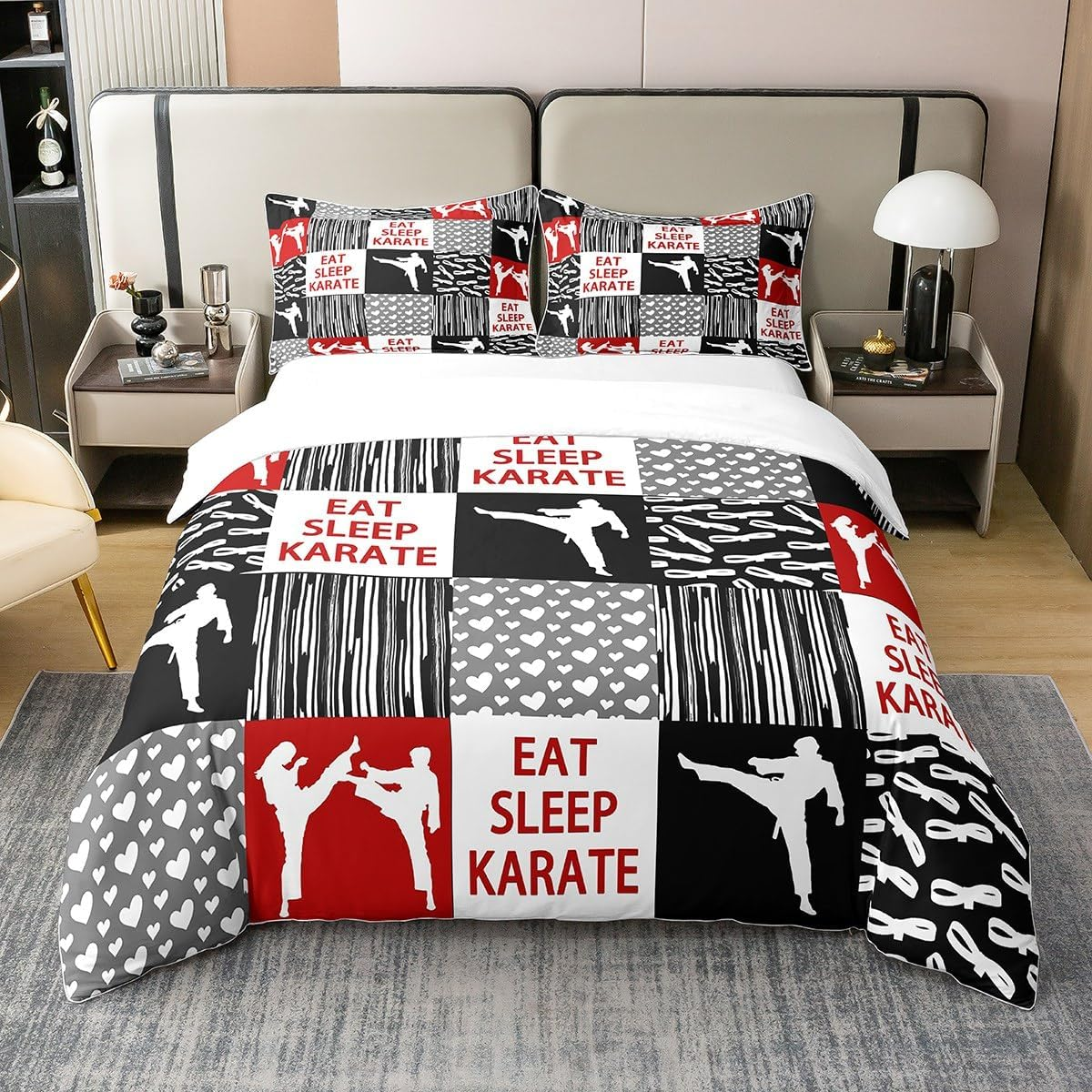 Homemissing Karate Decor 100% Cotton Bed Set Modern Geometric 100% Cotton Bed Set Martial Arts Duvet Cover Set Karate Red Bedding Set 135 X 200 Cm for Boys Girls Children image number 4