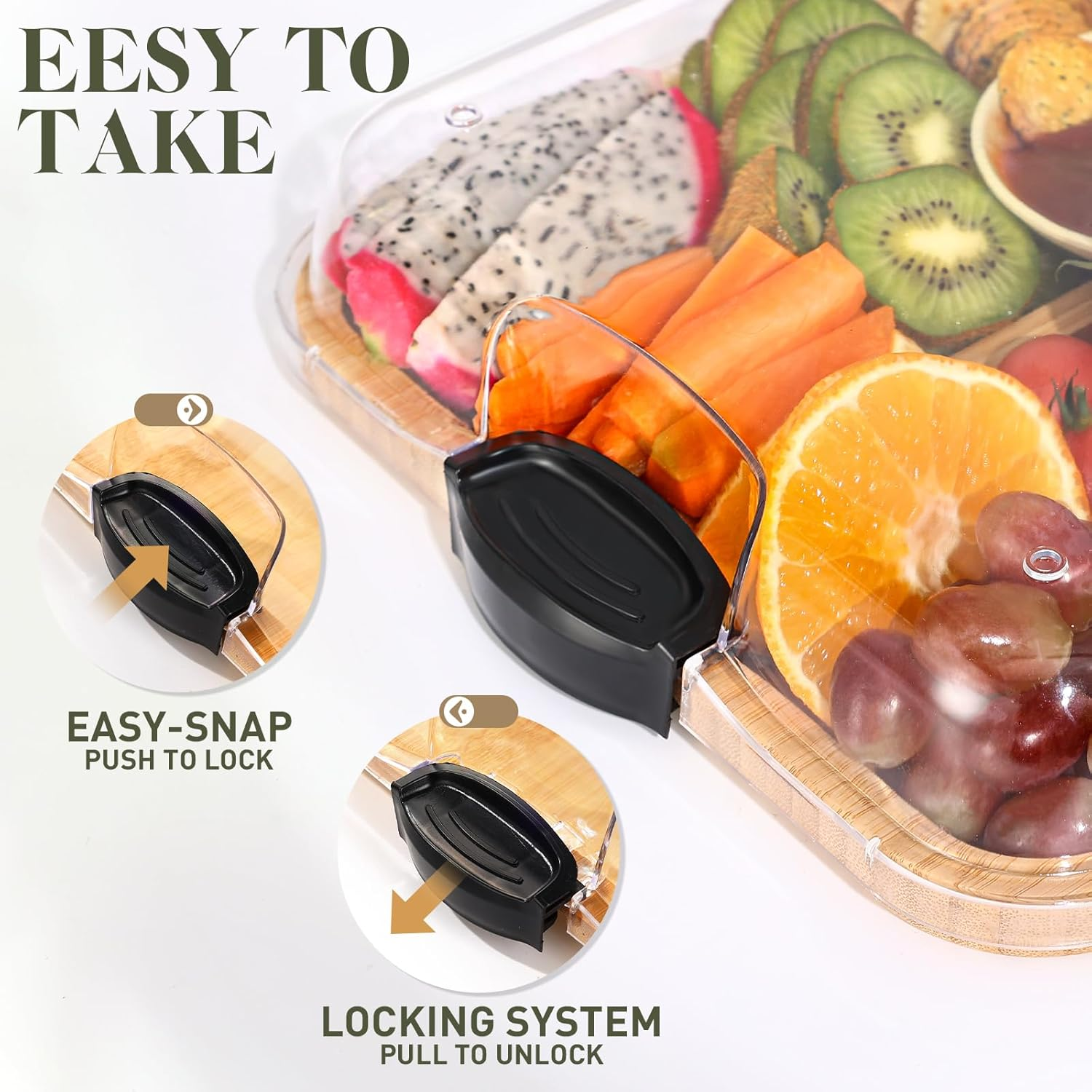 Feshory Premium Charcuterie Board with Clear Locking Lid for Appetizers & Snacks - Cheese Bamboo Board, Serving Tray Ideal for Food Lovers and Parties