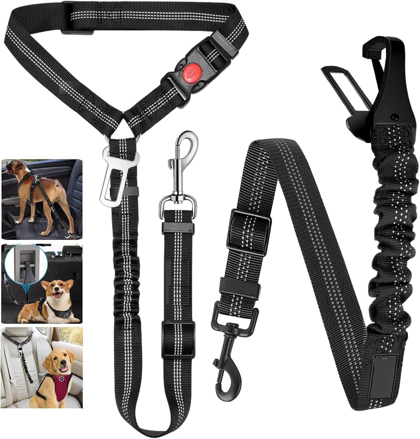 Dog Seatbelt Leash for Cars, 2 Pack Pet Safety Car Seat Belt with Adjustable Buckle & Reflective Bungee, Connect Dog Harness in Vehicle Car Dogs Restraint Travel Daily Use