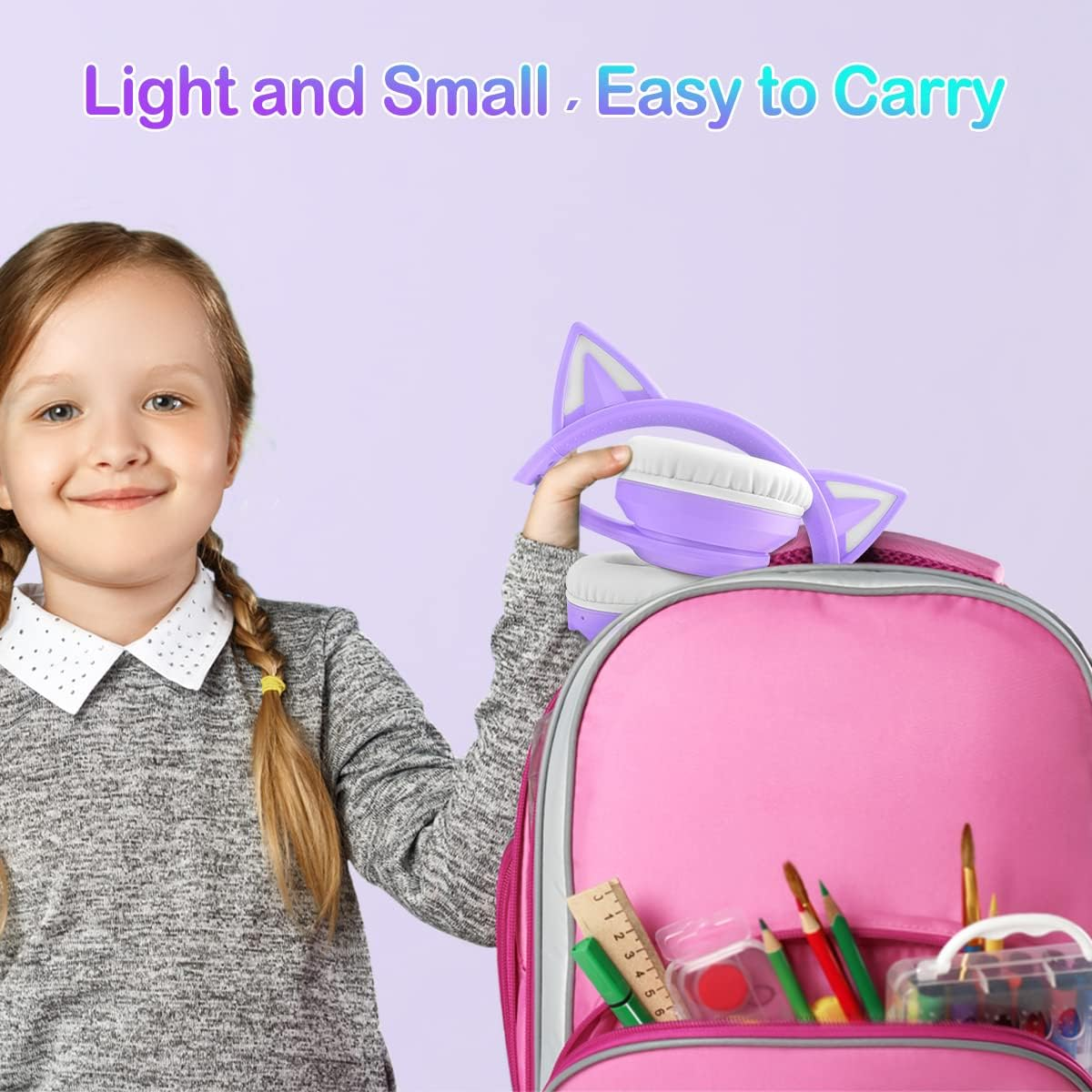 LOBKIN Bluetooth 5.4 Kids Headphones with Case - RGB LED Light up Cat Ears Foldable Adjustable On-Ear Headset Support Wireless or 3.5Mm Wired Mode for Toddler & Girls & Boys Teens (Purple) - Pink image number 7