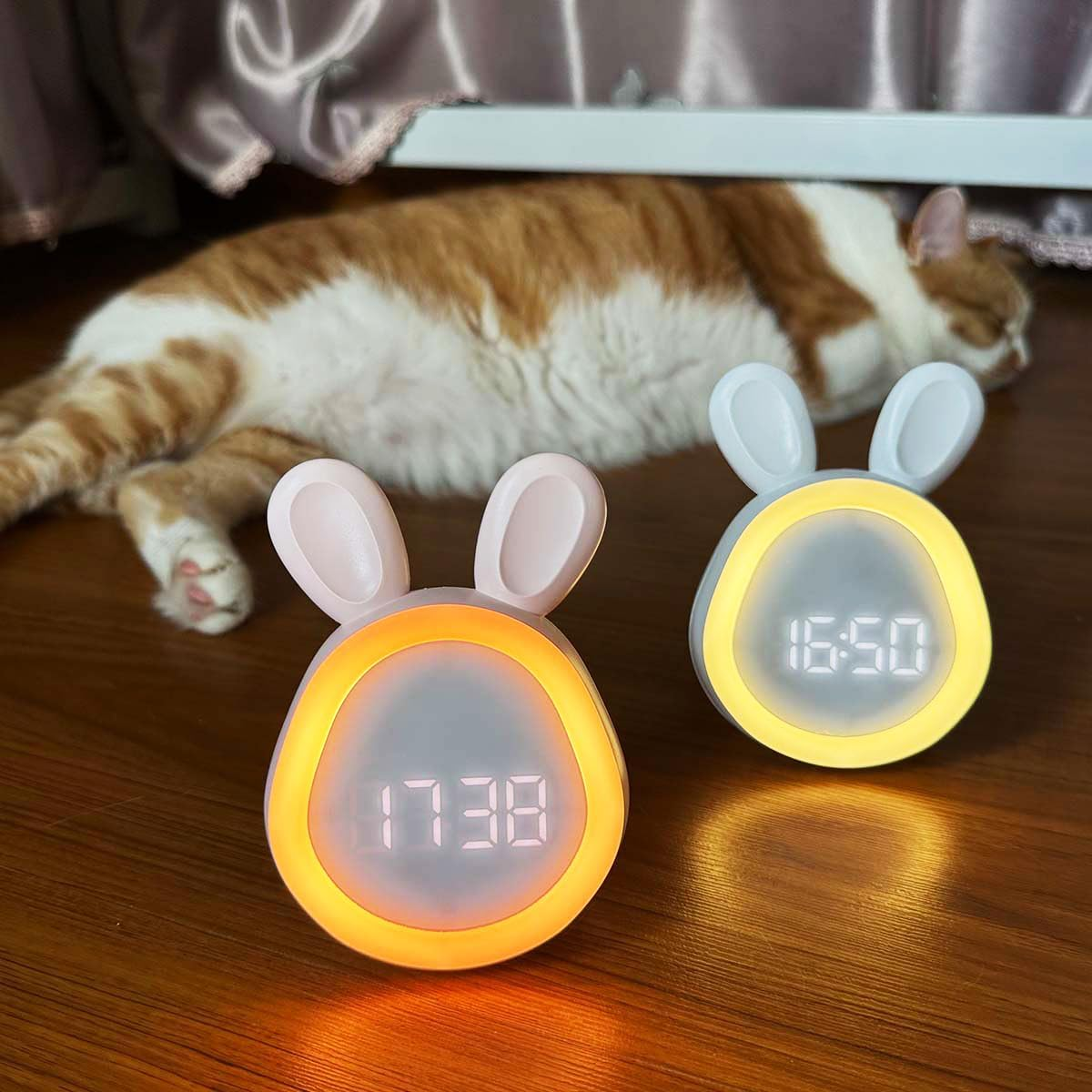 Bunny Alarm Clock Night Light for Kids with Temperature Brightness Adjustable and Time Display, Rechargeable, Timing Function, Non-Flickering Eye-Caring LED Warm Light (Light Pink)