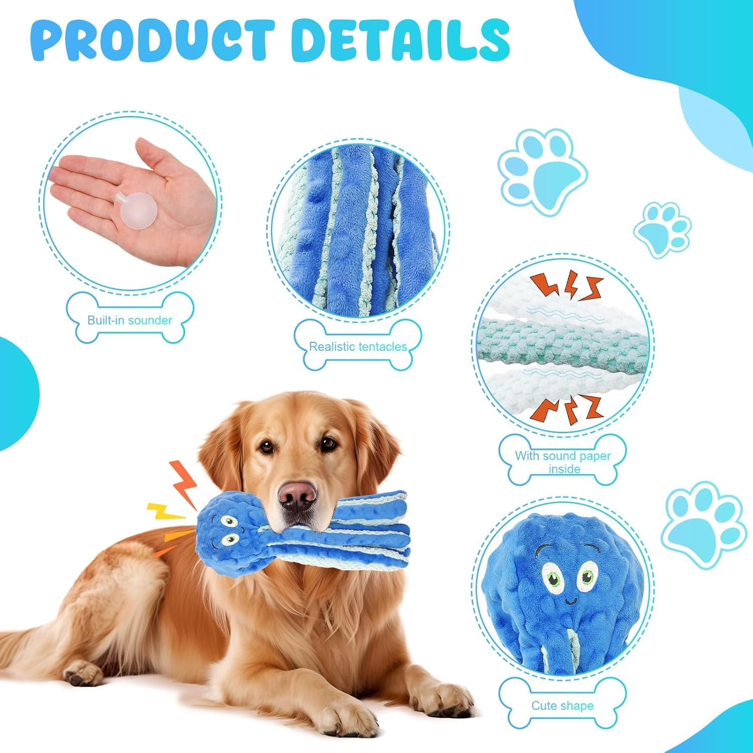 Dog Squeaky Toys, Octopus Interactive Play Toy，No Stuffing Plush Dog Chew Toy with Crinkle Paper for Medium and Large Dog Playing (New Blue) image number 6