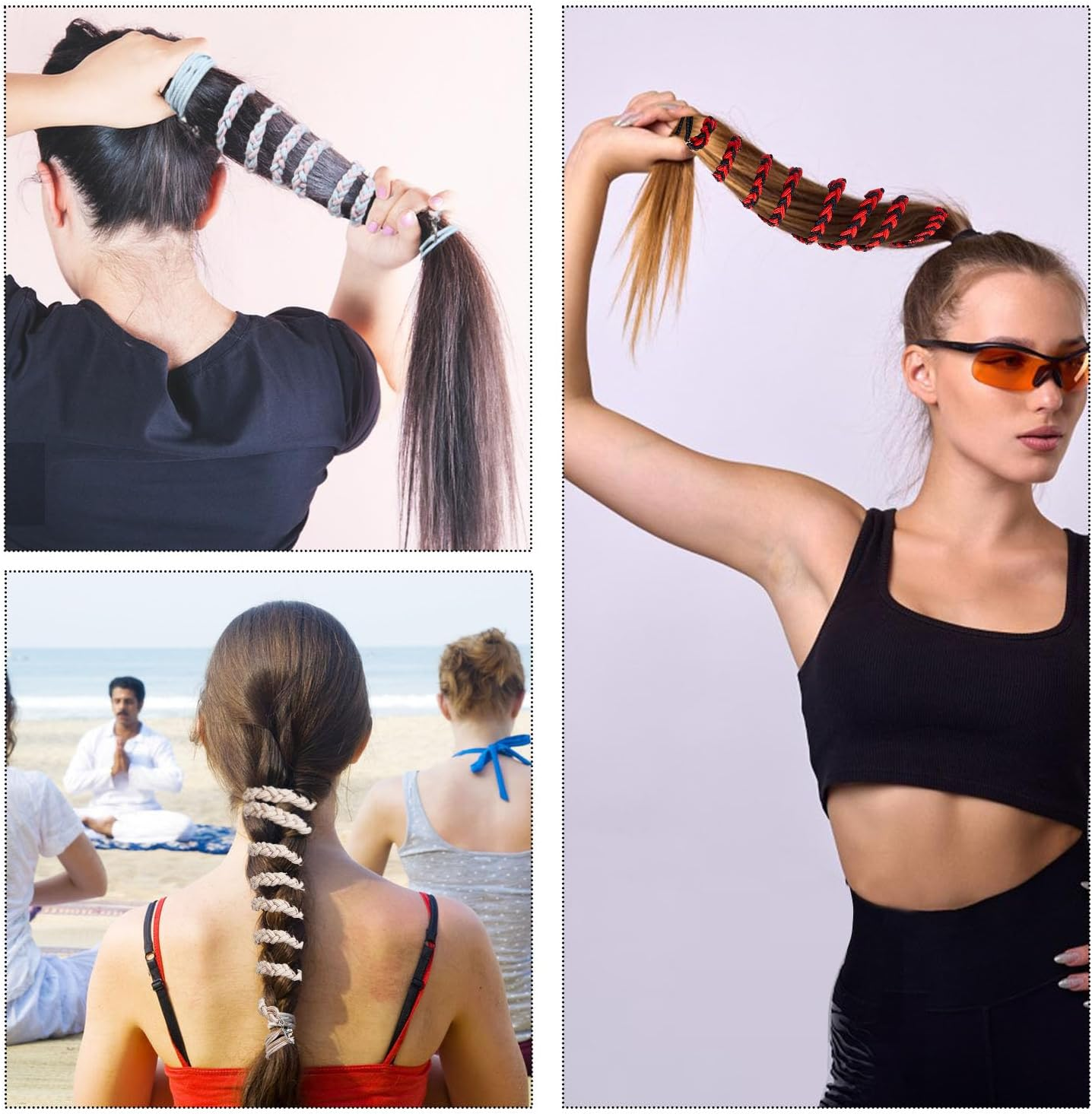 NICENEEDED Pack of 4 25 Inch Colourful Sports Hair Bobbles Long Hair Ponytail Warp Hair Holder Elastic Braided Spiral Hair Scrunchie for Gym Swimming Bungee Motorcycle