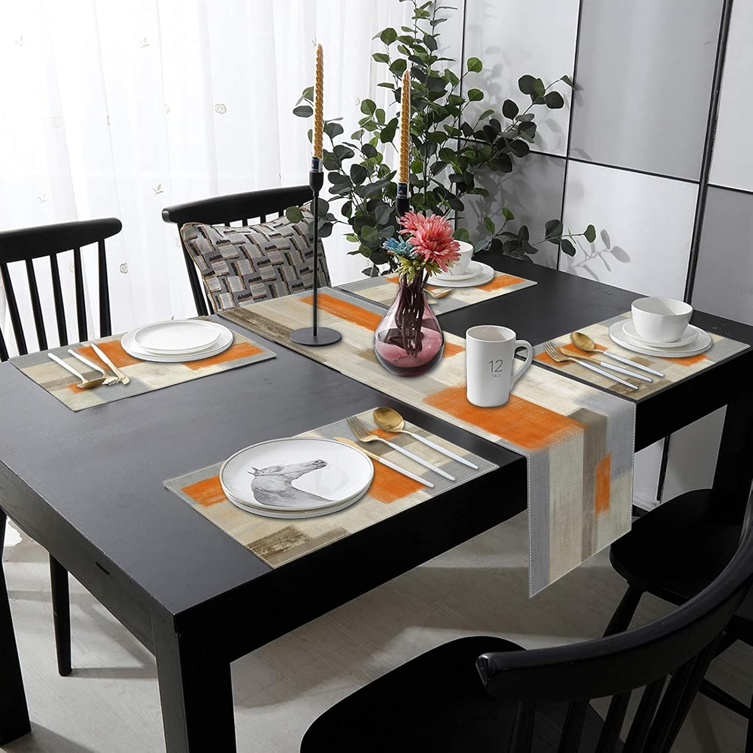 Emvency Farmhouse Table Runner and Placemats Set of 6, Cotton-Linen Modern Orange and White Painting Art Dining Table Decor for Daily Use(1 Table Runner 72Inches Long and 6 Placemats) image number 2