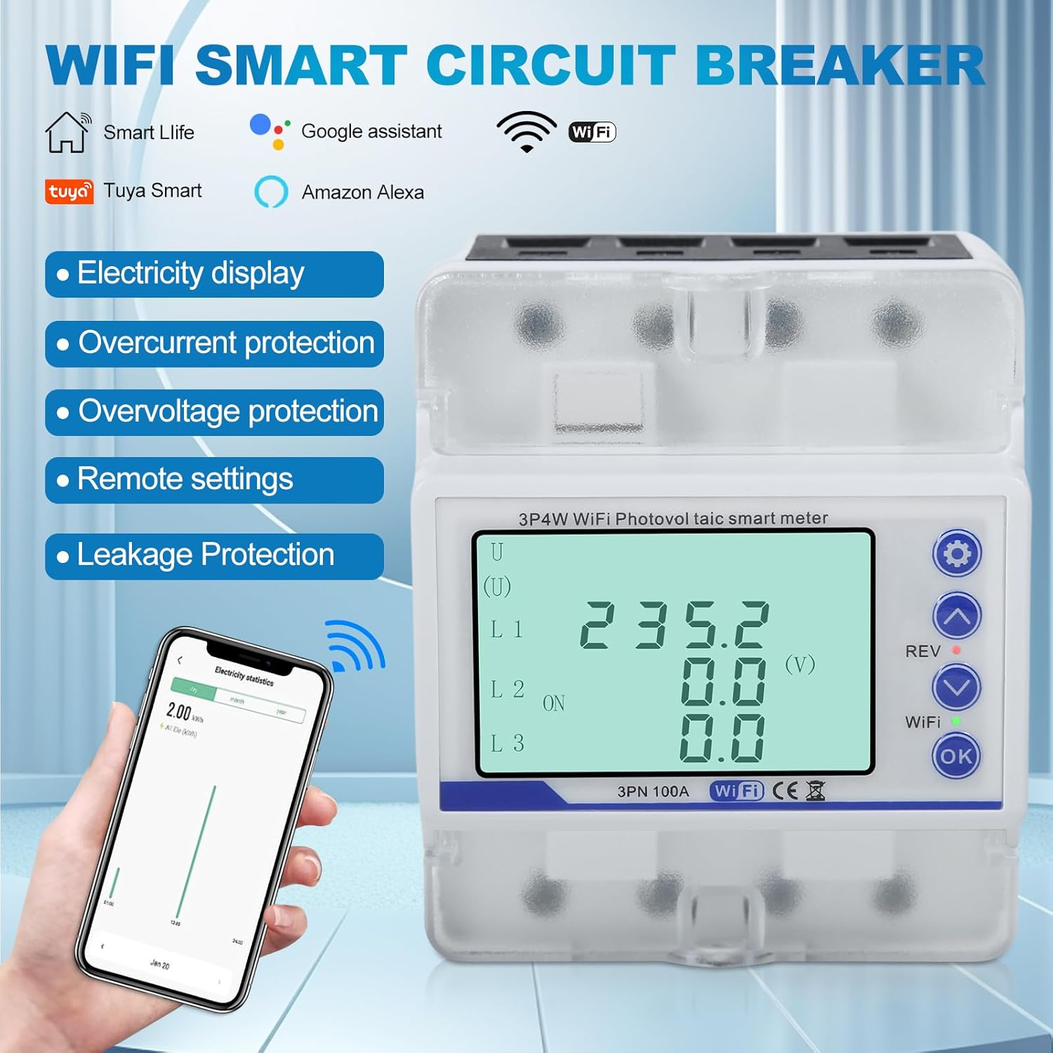 Inncen 100A 3P4W Wifi Photovoltaic Meter 3 Phase Recloser Switch Intelligent Reclosing Protector, Wifi Intelligent Circuit Breaker image number 5