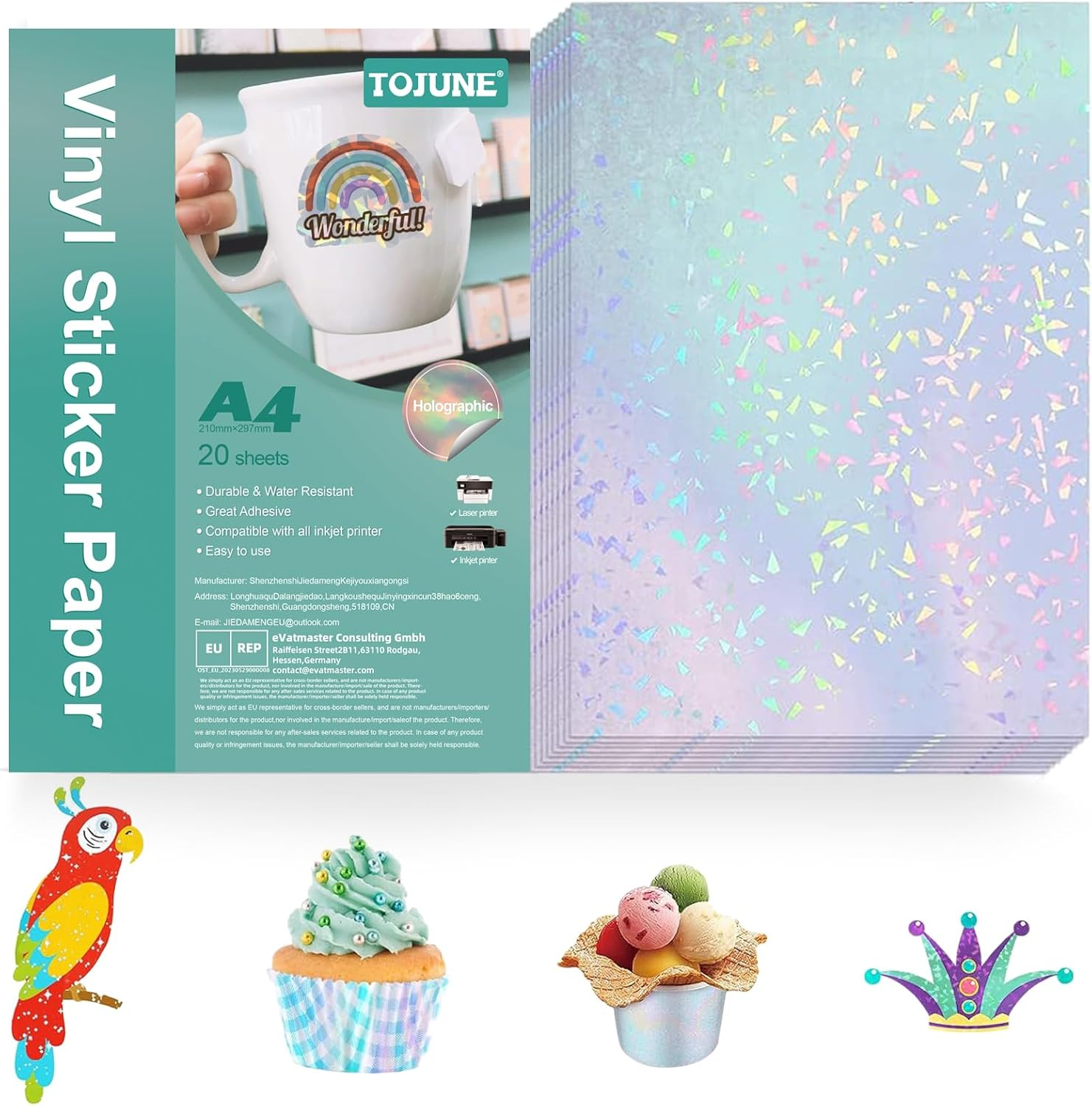 Printable Vinyl Sticker Paper for Inkjet & Printer Laser, A4-21X29.7 Cm - 8.27"X11.69", Waterproof, Arbitrary Cutting, Adhesive Backing, Stable Adhesion (20 Pcs) (Colored Laser)