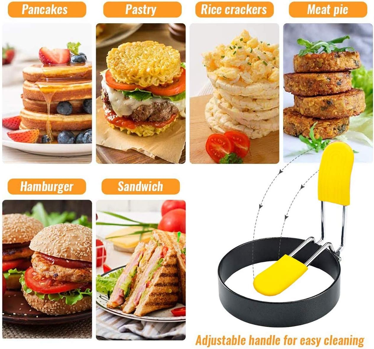 Egg Ring for Frying and English Muffin - round Shaper Mold with Anti-Scald Handle - Stainless Steel Non-Stick Cooker Ring - 4 Pack (Oil Brush Included) image number 2