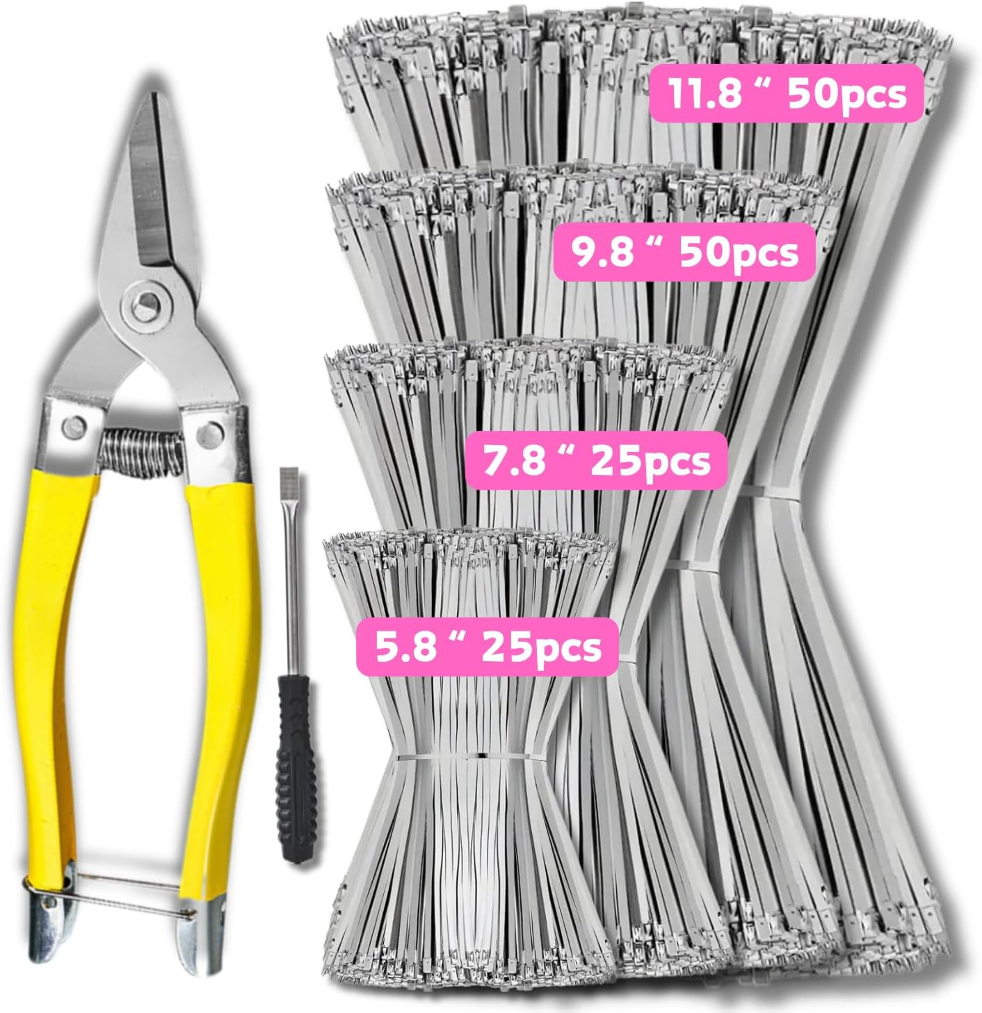 Goethe Garden Heavy Duty Metal Zip Ties (With Tie Cutter) 4 Size of 11.8 Inch 9.8 Inch 7.8 Inch 6Inch Multi-Purpose Cable Ties, Suitable for Fixing Fences, Pipes, Etc. Outdoor.