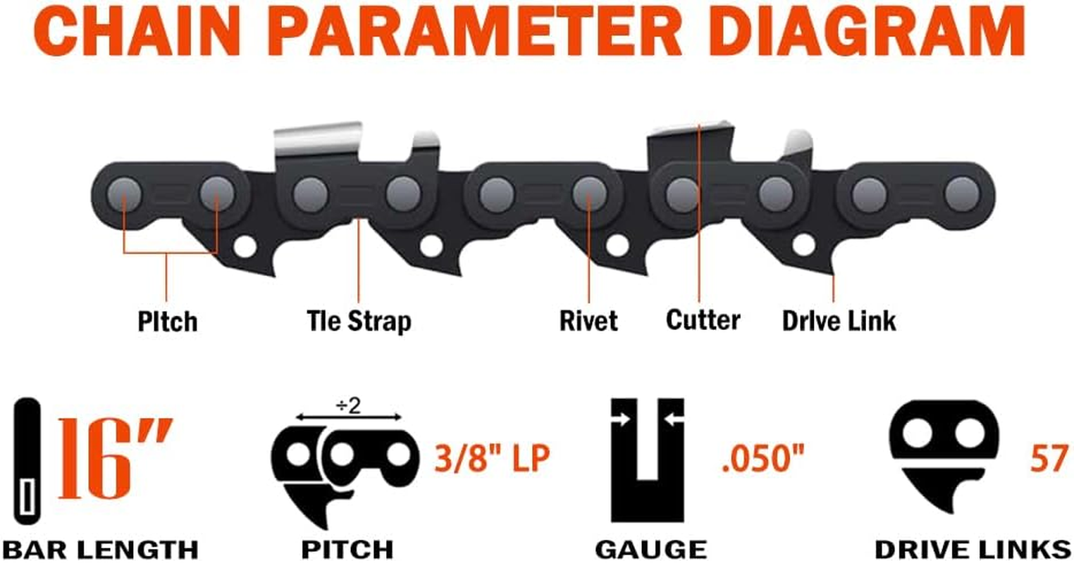 ABOVE LAND LB 3Pcs 16 Inch Bar Length Chainsaw Chain 3/8" LP Pitch 0.050" Gauge 57 Drive Links Semi Chisel Compartible for 45Cc ROK 400Mm BAR 1507650237 Compartible for Ozito PCS 406 PCS 406 a ECS406A image number 2