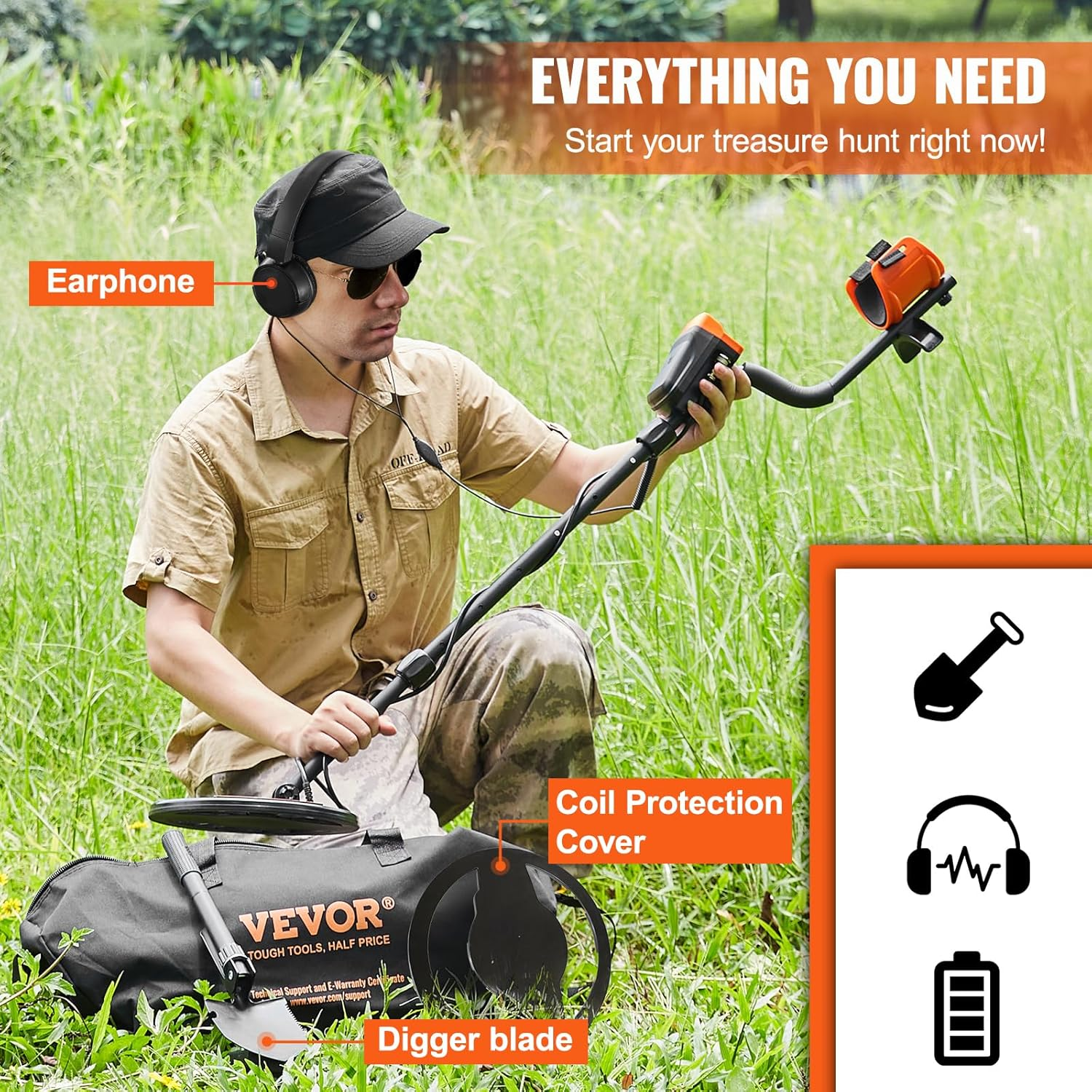 VEVOR Metal Detector for Adults&Kids, 250Mm, Professional Adjustable Higher Accuracy Gold Detector, IP68 Waterproof Coil with LCD Display 7 Modes Advanced DSP Chip, for Detecting Gold Treasure Hunting image number 4