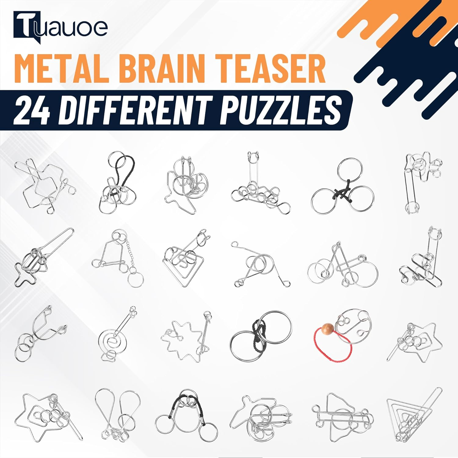 Tuauoe Metal Puzzles Brain Teaser, 24Pcs Metal Wire Puzzles for Adults Kids Teenagers, Classical Mini Mind Ring Puzzle Set, Educational IQ Unlock Interlocking Toy Lock Puzzle Gift Set image number 2