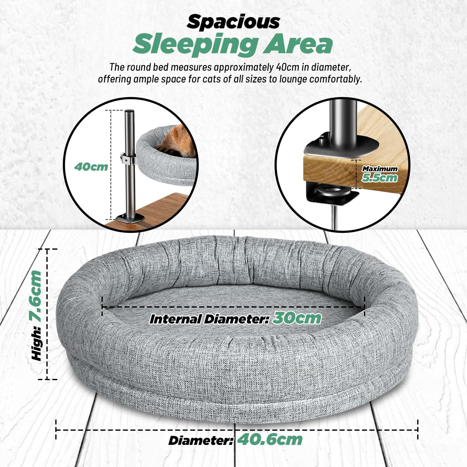 Raised Cat Bed &ndash; 360&deg; Rotating Cat Hammock for Desk | Spacious Elevated Cat Nest with Soft Plush Cushion | Adjustable Height up to 40Cm | Secure Padded Clamp, Space-Saving & Machine Washable