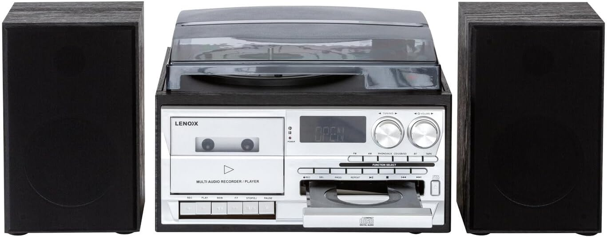 Lenoxx All-In-One Home Entertainment Music System with Wireless Technology 5.0-3 Speed Turntable, Cassette Tape & CD Player - Aux-In FM/AM Radio - Music System for Home & Remote Control - Black image number 2