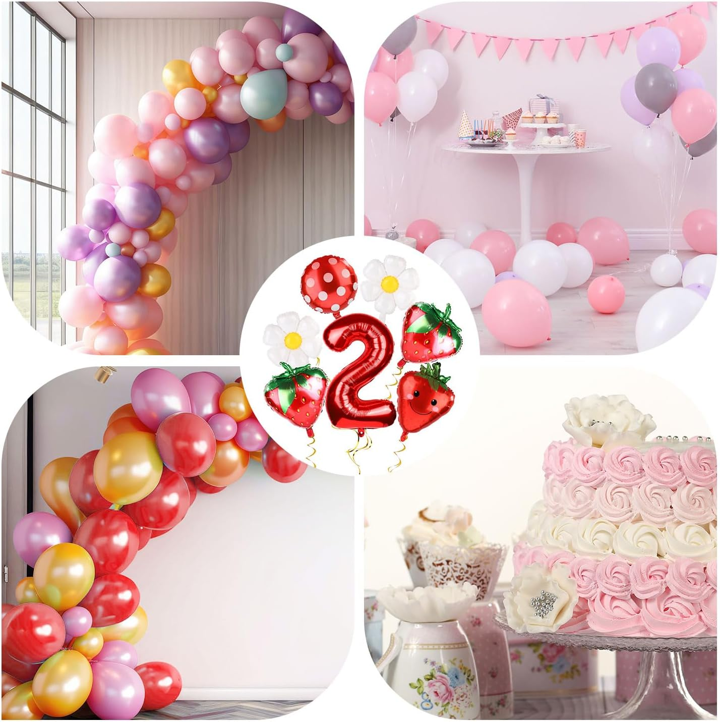 7Pcs Strawberry Party Balloons Kit, Strawberry Balloon Garland Sweet Number Strawberry Party Decorations Strawberry Foil Balloons for Birthday Backdrops (Number 2) image number 4
