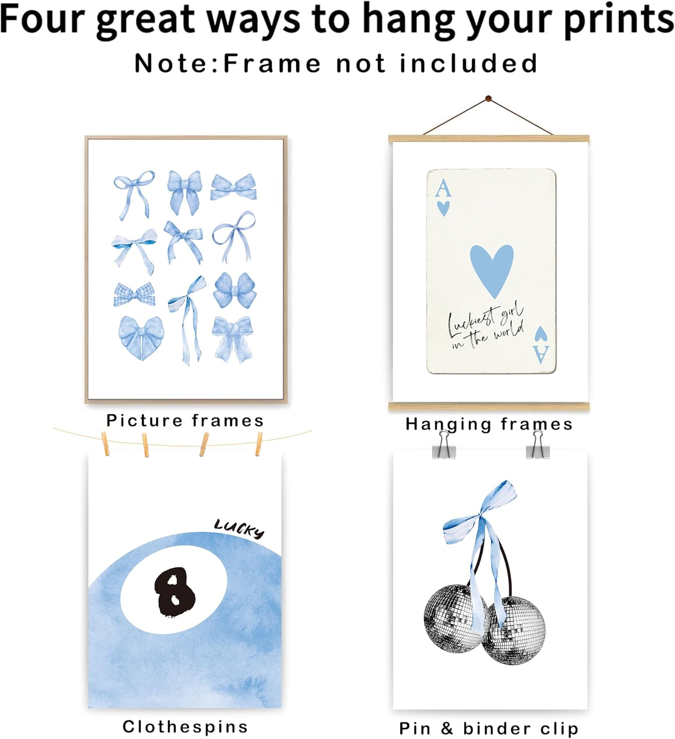 Okaxscm Light Blue Coquette Trendy Preppy Wall Art Prints Set of 4,Coquette Preppy Room Decor,Blue Bow Disco 8 Ball Cherry Wall Decor Posters for Girls Bedroom Dorm,12X16 Unframed