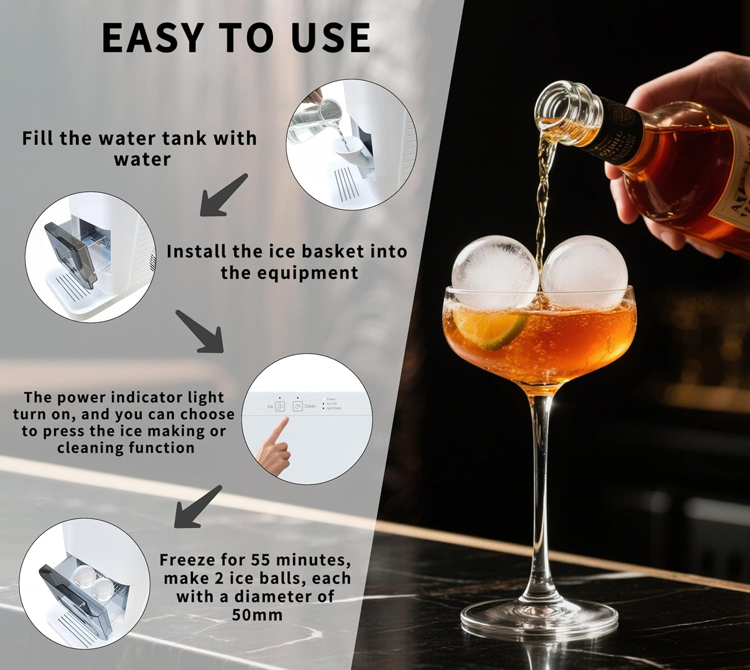 Itoma Ice Ball Maker Machine, Smart Sensors, One-Touch Clean, 2 Pcs in 50 Mins, Quiet Self-Cleaning Ice Machine, for Cocktails & Whiskey, Countertop Ice Maker for Home/Bar Party image number 6
