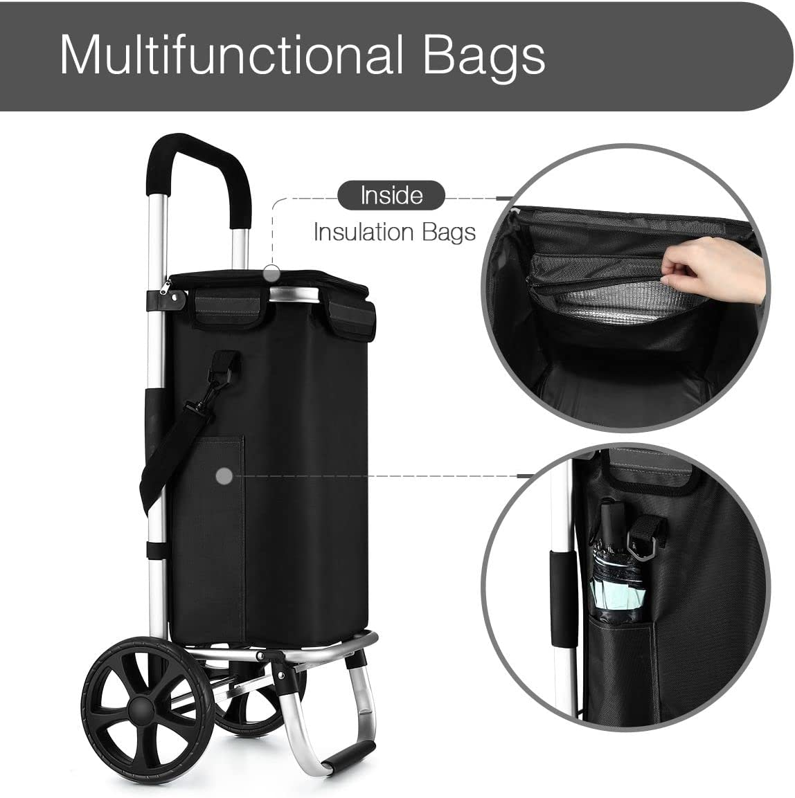Waterproof Shopping Cart Foldable Trolley Aluminium Grocery Bag with Wheels Black 45L image number 3