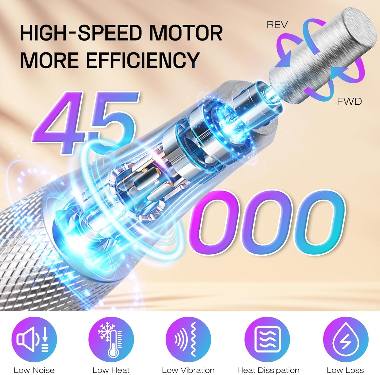 Electric Nail Drill File Machine: Professional 45000RPM Cordless Nail Tool with Stepless Speed Knob for Acrylic Gel Dip Powder Nails, Portable Manicure Pedicure Kit for Home Salon Use