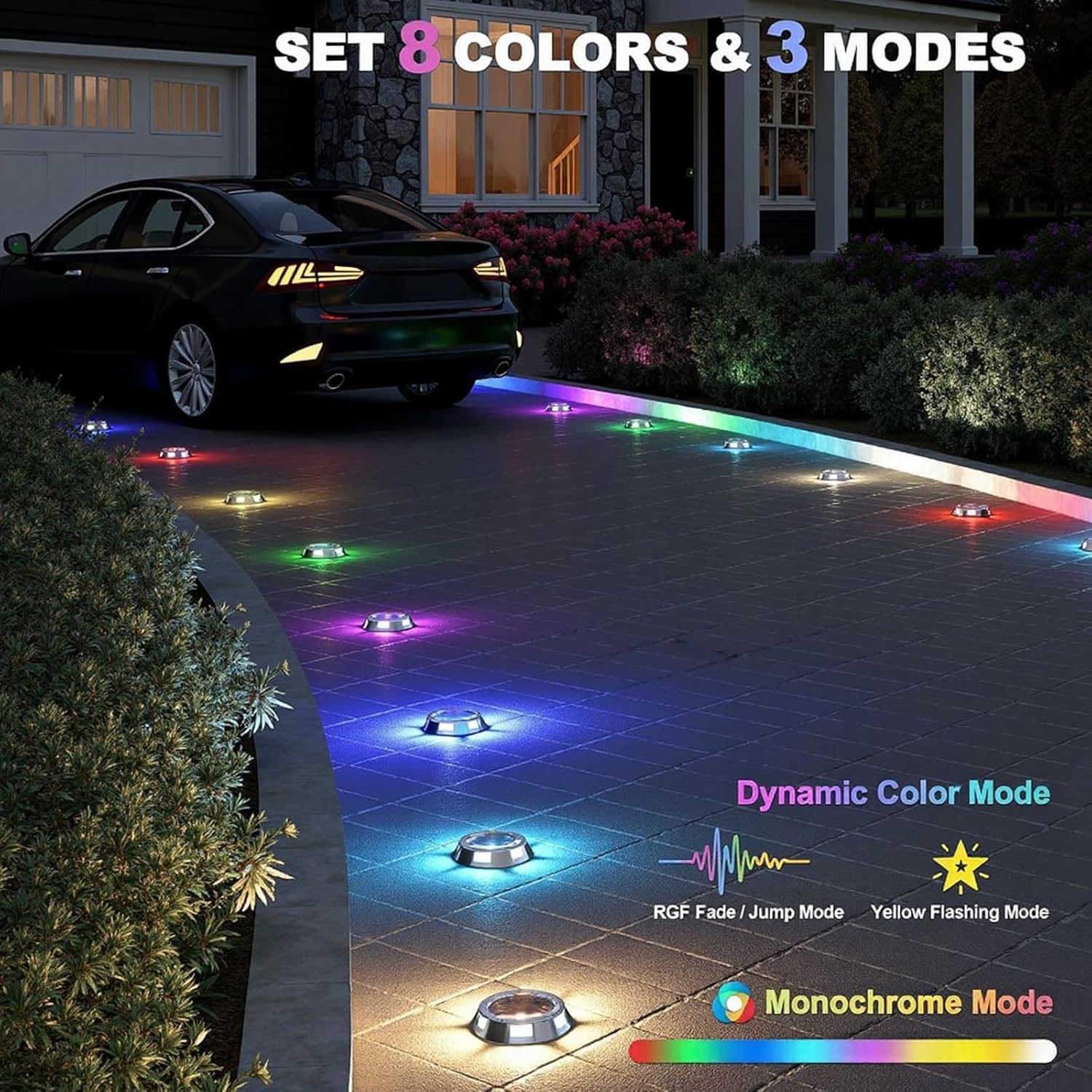 Solar Dock Lights IP68 Waterproof &ndash; 8 Color Outdoor LED Deck and Path Lights with 3 Lighting Modes,10-Ton Pressure Resistance, Long-Lasting 600Mah Battery for Garden, Steps, Driveway (2 Pack) image number 6