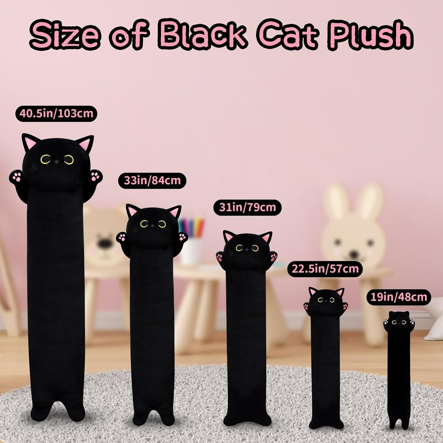 MUFEIRUO Long Cat Plush Body Pillow, 33'' Cute Stuffed Animals Soft Plushie, Black Pillow Kawaii Toys for Kids Birthday Valentines Day Gifts, 90Cm image number 5