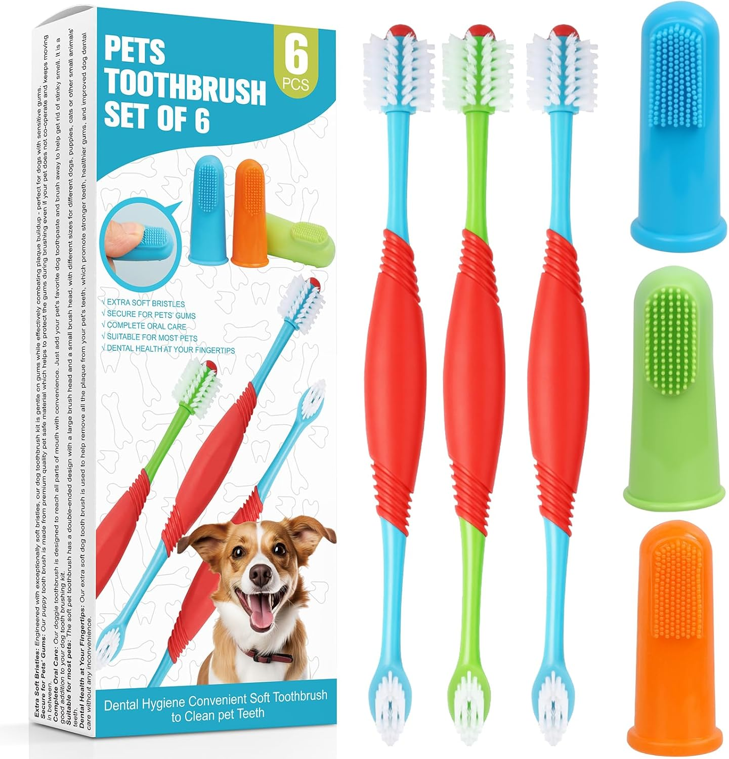 Dog Toothbrush for Small Medium to Large Dogs and Cats, Soft-Bristled Dog Tooth Brushing Kit - 3 Pcs Dual Head Premium Non-Slip Handle with 3 Cleaning Finger Brush for Dogs Cats Teeth image number 5