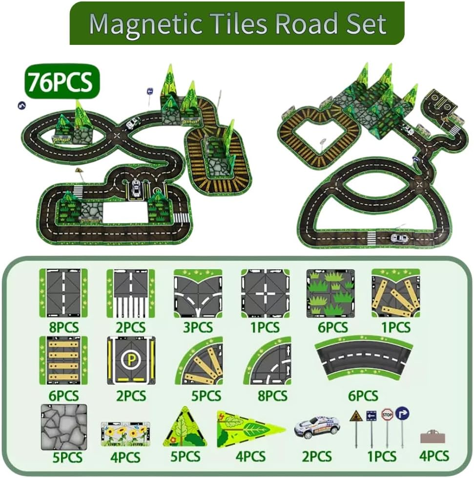 Magnetic Road Tiles Set with Railway and Forests, 76 PCS Magnetic Tiles Road, Magnet Building Blocks Kids Car Toys, Perfect Gifts for Ages 3+