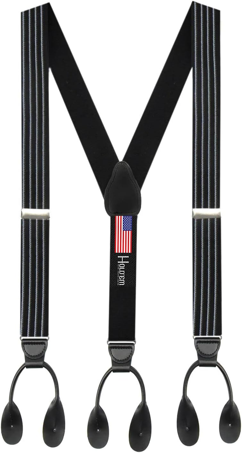 Hold'Em 1 &frac14; Fancy Stripes and Solid Suspenders for Men - Y-Back Adjustable Leather Trimmed Button End