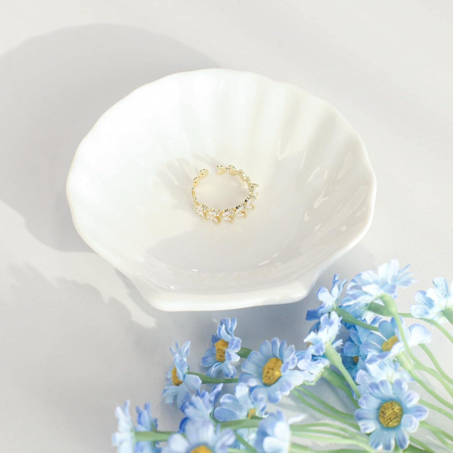 Shell Ring Dish Tray, Ceramic Jewelry Tray Trinket Dish, Seashell Key Holder Bowl, Beach Room Coastal Decor Aesthetic, Ocean Bathroom Counter Decor, White, Small image number 6