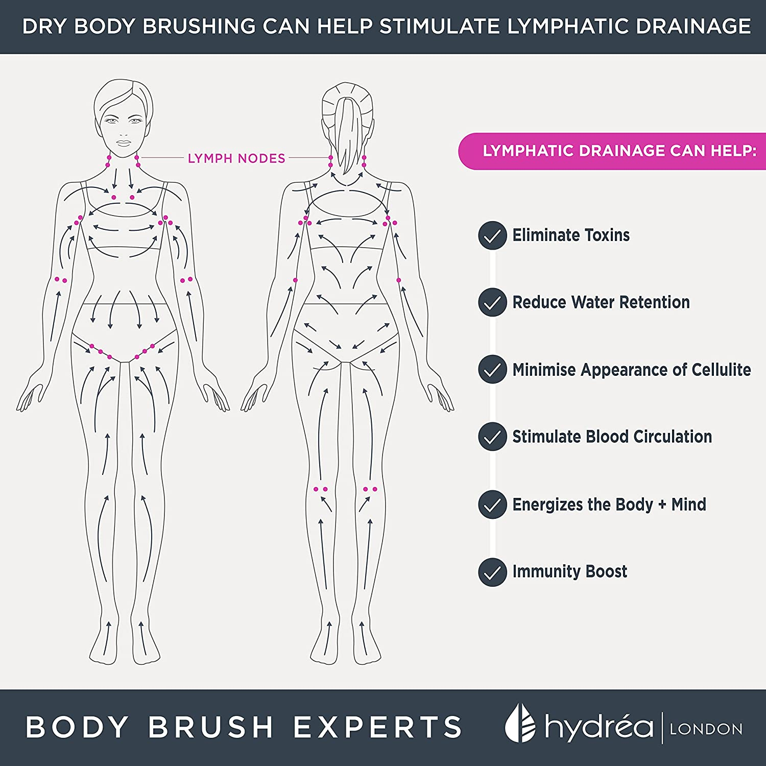 Hydrea London Professional Dry Skin Detox Body Brush with Extra Long Cactus Bristles (Hard Strength) FSC Beechwood, 167 Grams