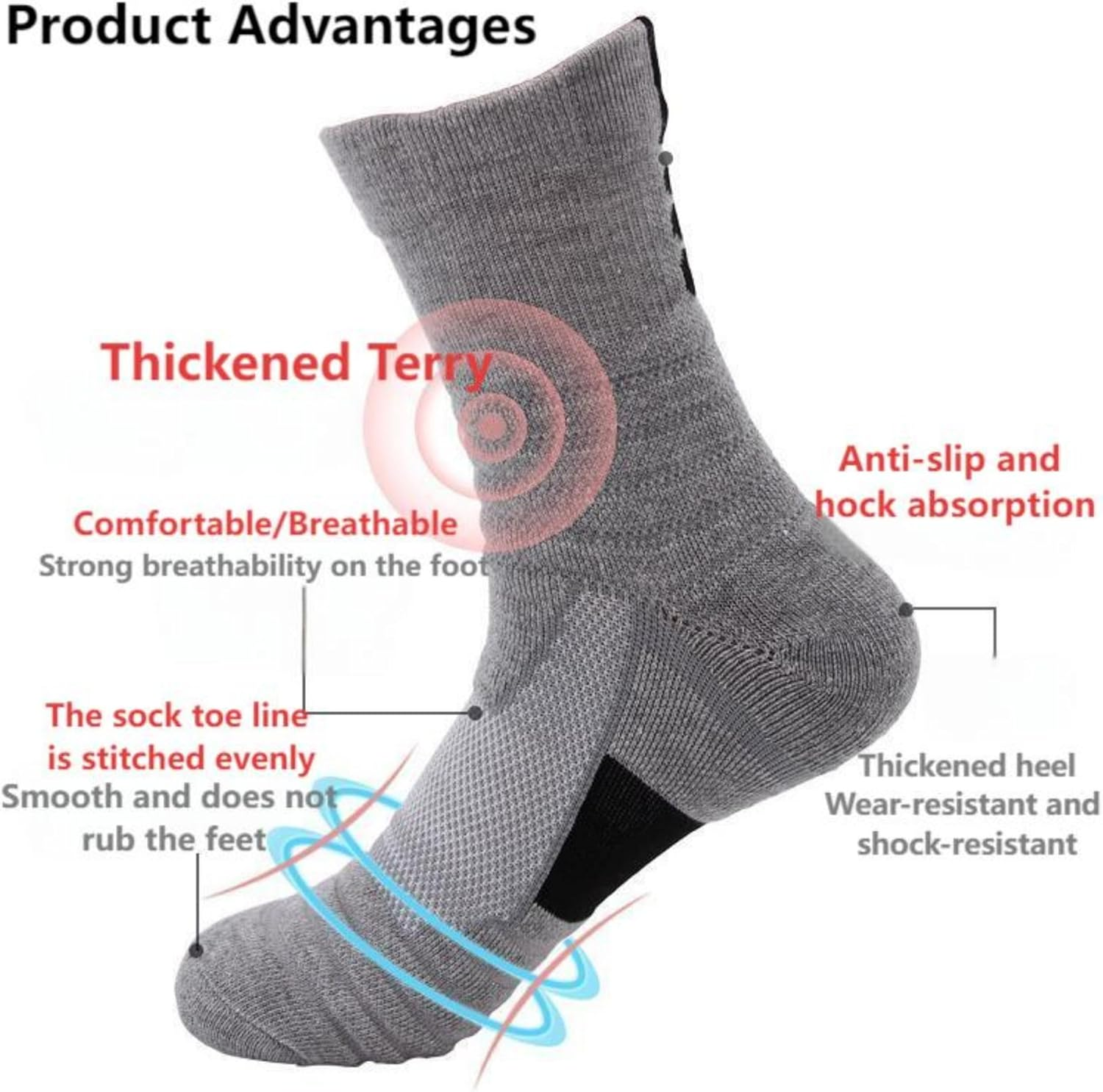 3 Pack Men'S Sports Running Socks - Thick Cushioned Crew Socks for Basketball & Tennis | Non-Slip Arch Support | Sweat-Wicking Black/Grey/White (One Size)