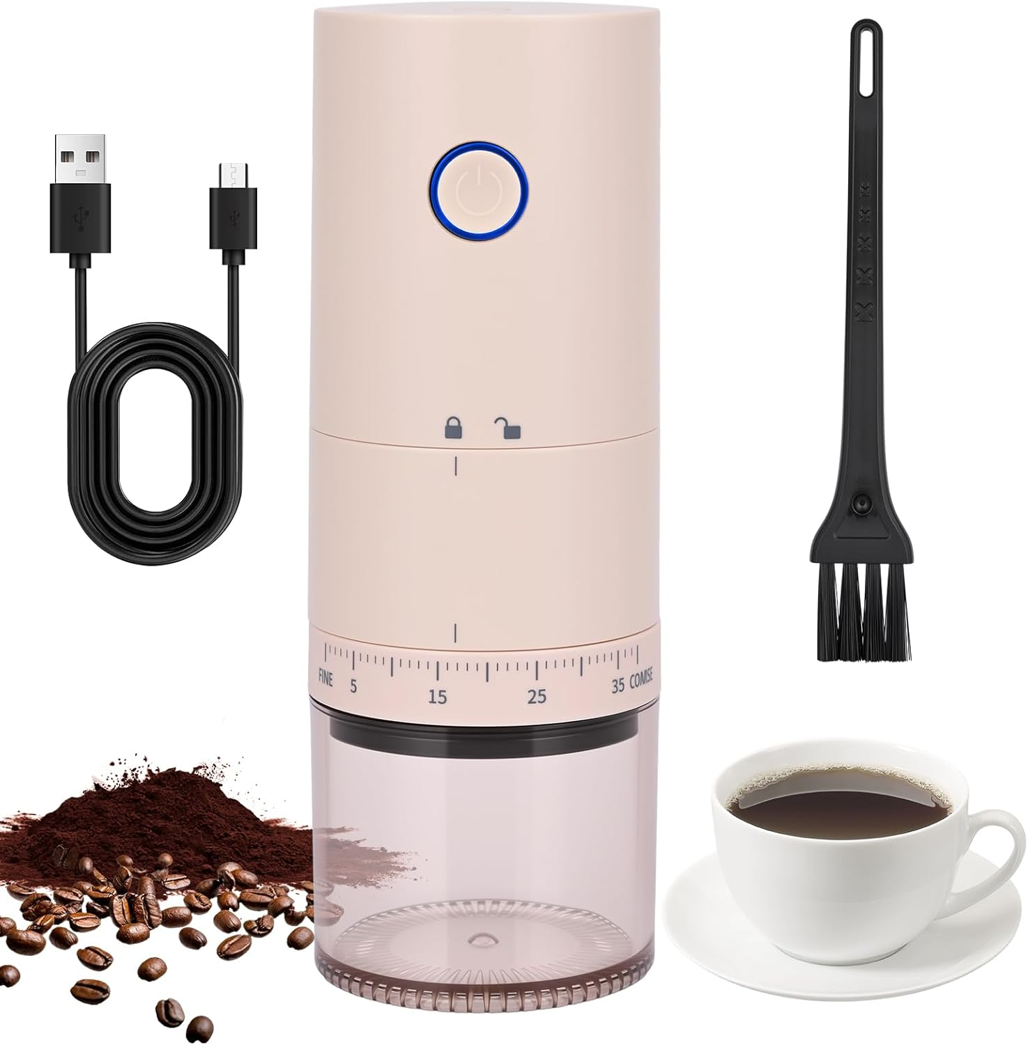 Rechargeable Coffee Grinder, Electric Coffee Grinder, Portable Small Coffee Grinder, Rechargeable, 38 Coarse Grain Setting, Espresso Coffee Grinder for Travel, Camping (Cream) image number 3